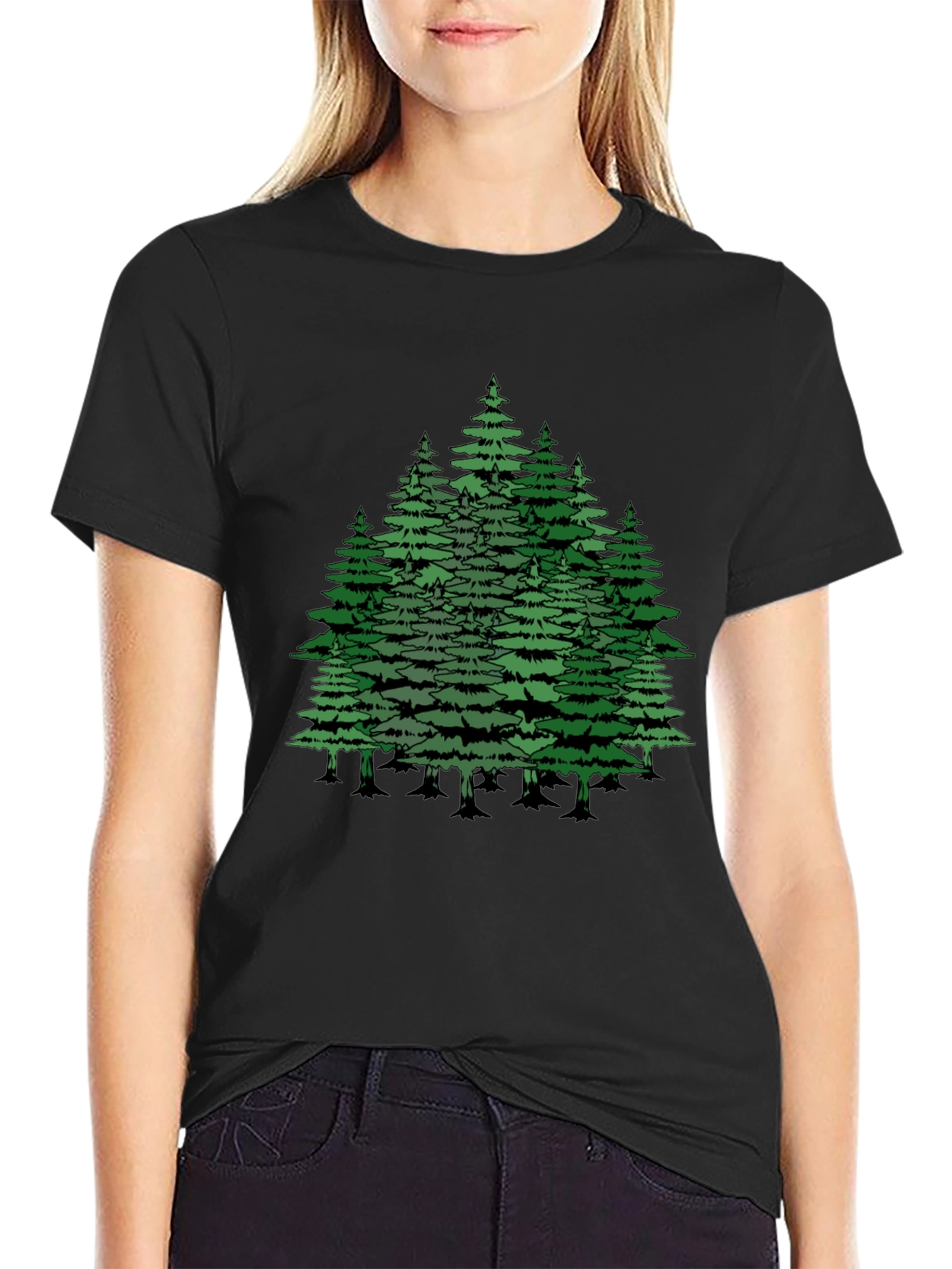Camiseta Negra con Diseño de Bosque de Pinos