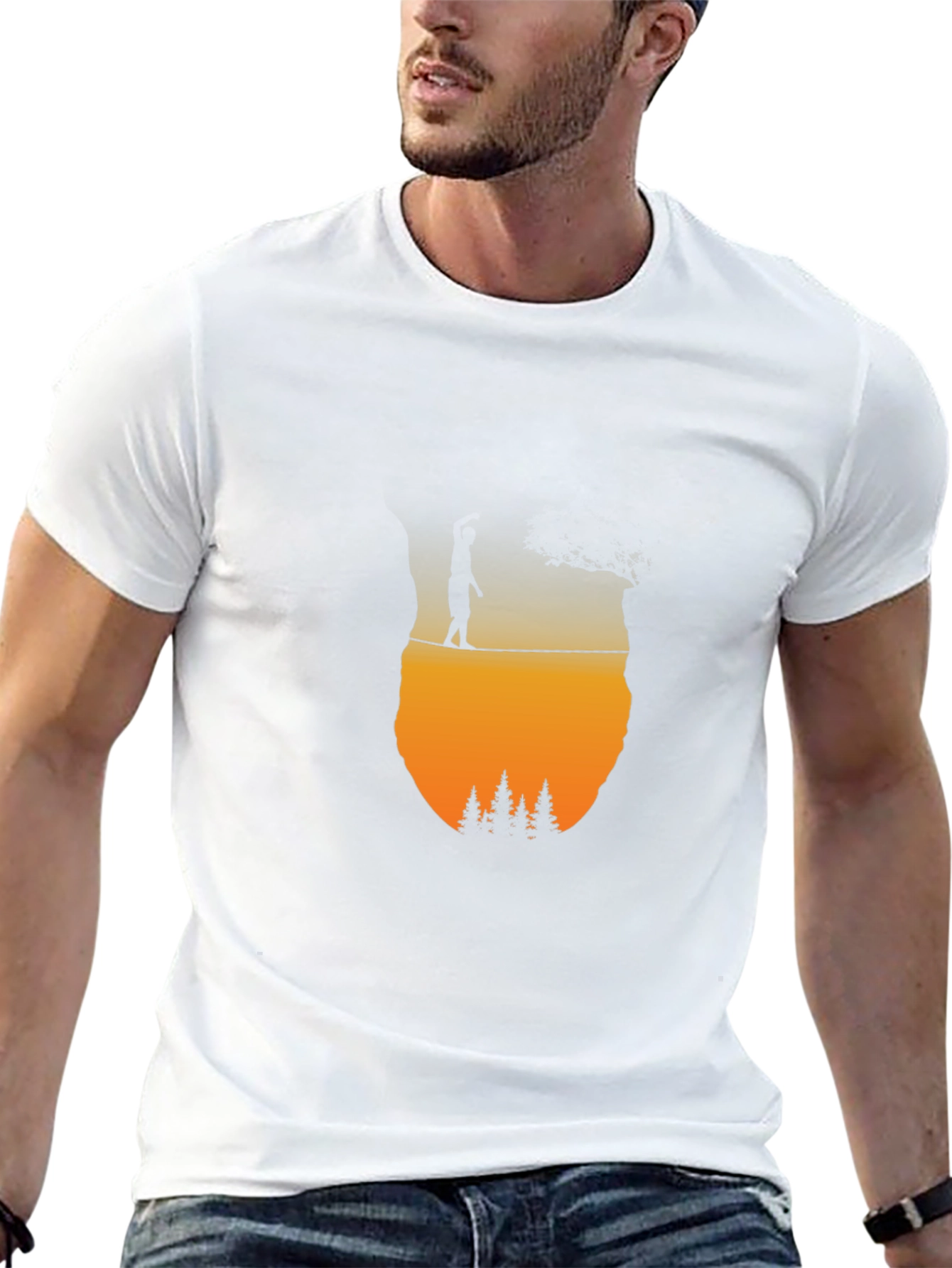 Camiseta Negra: Silueta Equilibrista al Atardecer