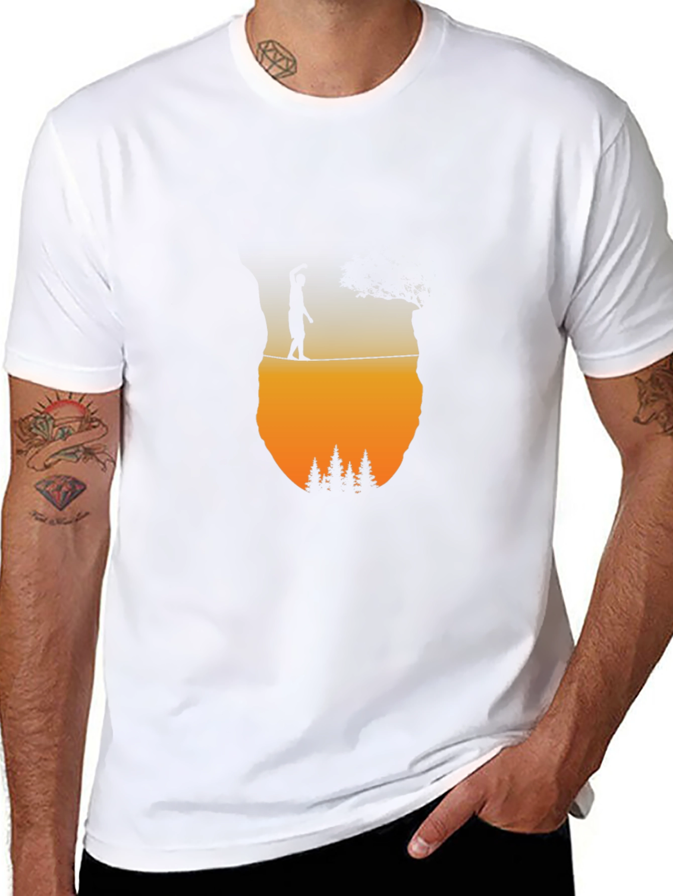 Camiseta Negra: Silueta Equilibrista al Atardecer