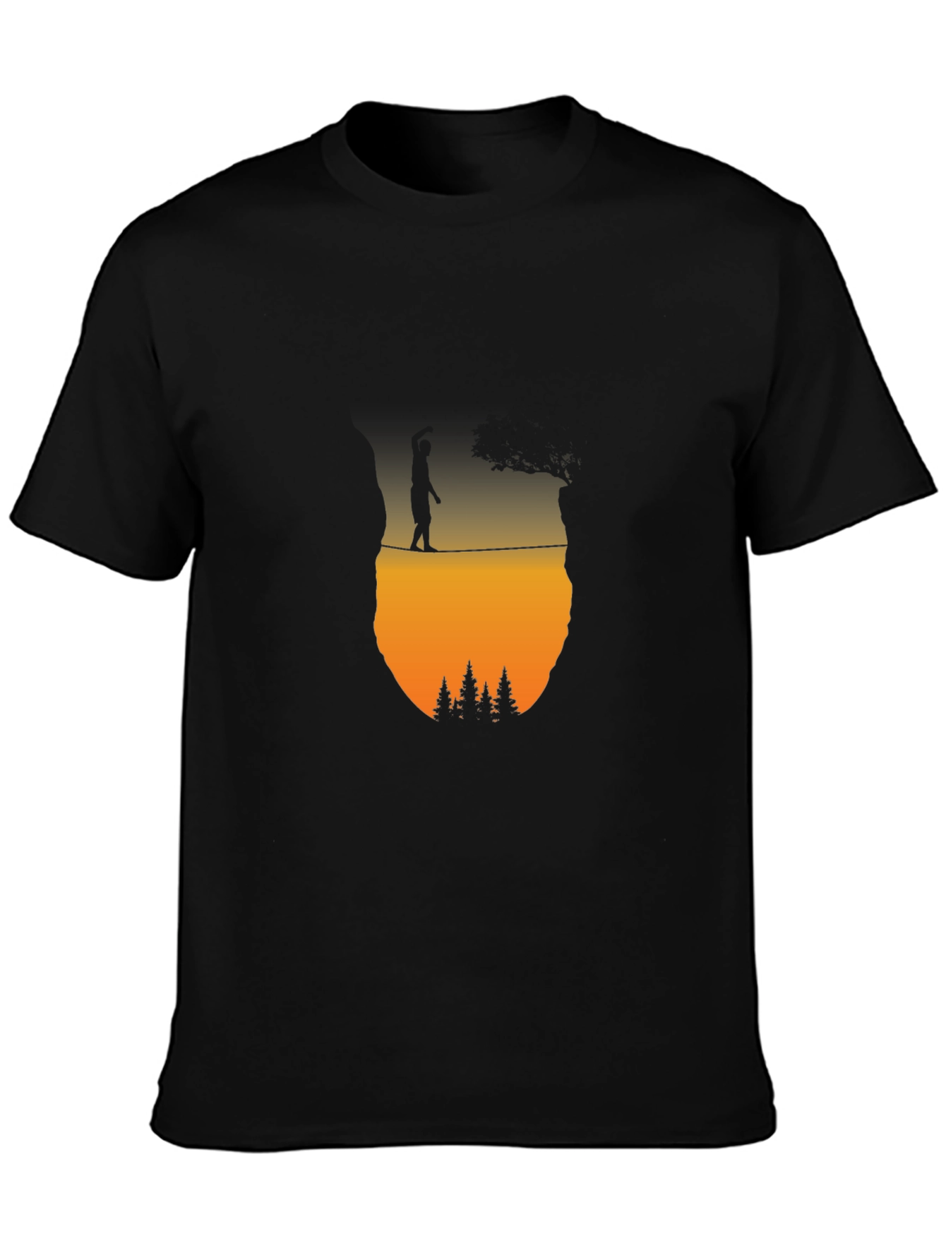 Camiseta Negra: Silueta Equilibrista al Atardecer