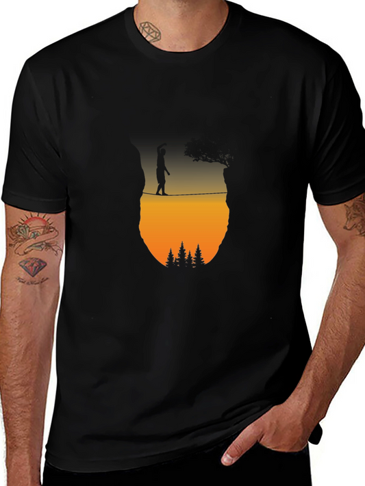 Camiseta Negra: Silueta Equilibrista al Atardecer