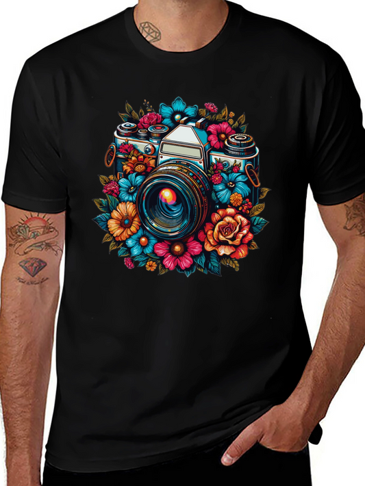 Camiseta Negra con Diseño de Cámara Floral Vintage