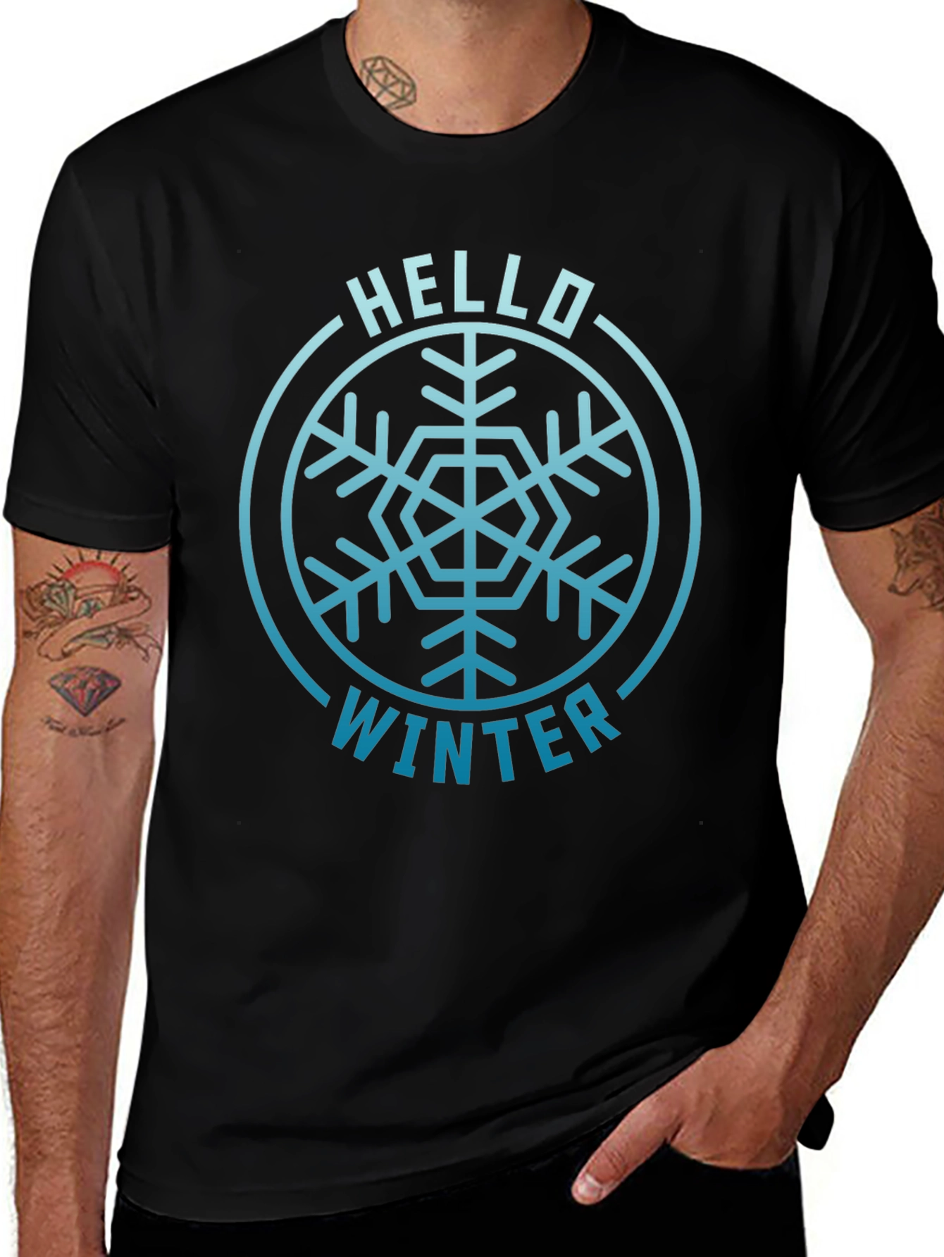 Camiseta Negra Hola Invierno Diseño Copo de Nieve