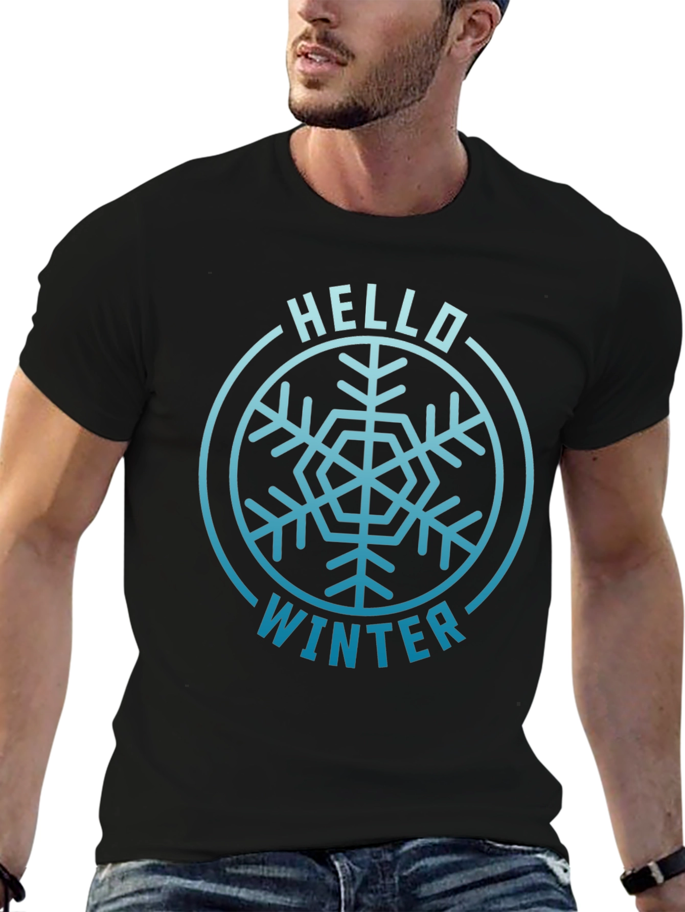 Camiseta Negra Hola Invierno Diseño Copo de Nieve