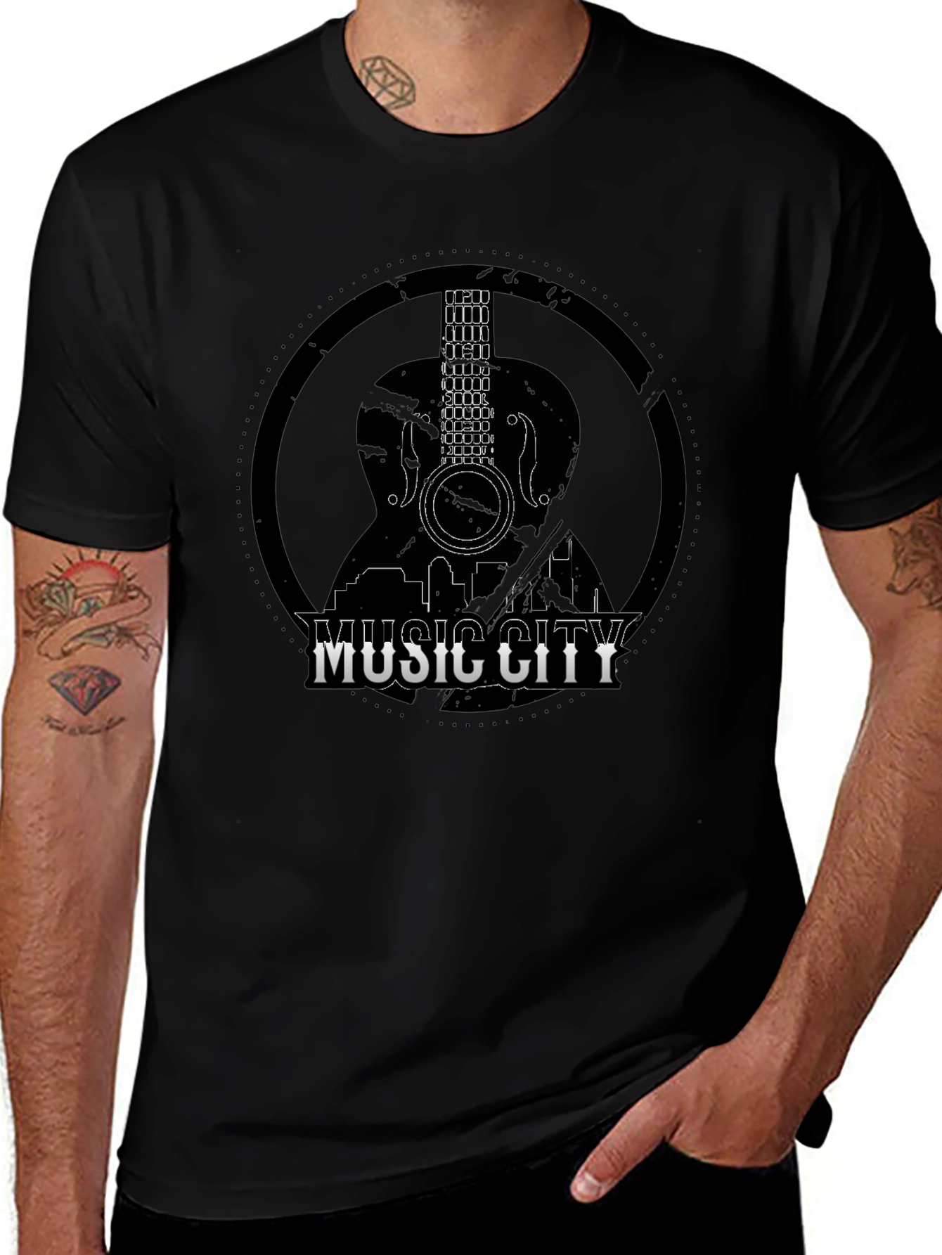 Camiseta Negra Music City con Diseño de Guitarra