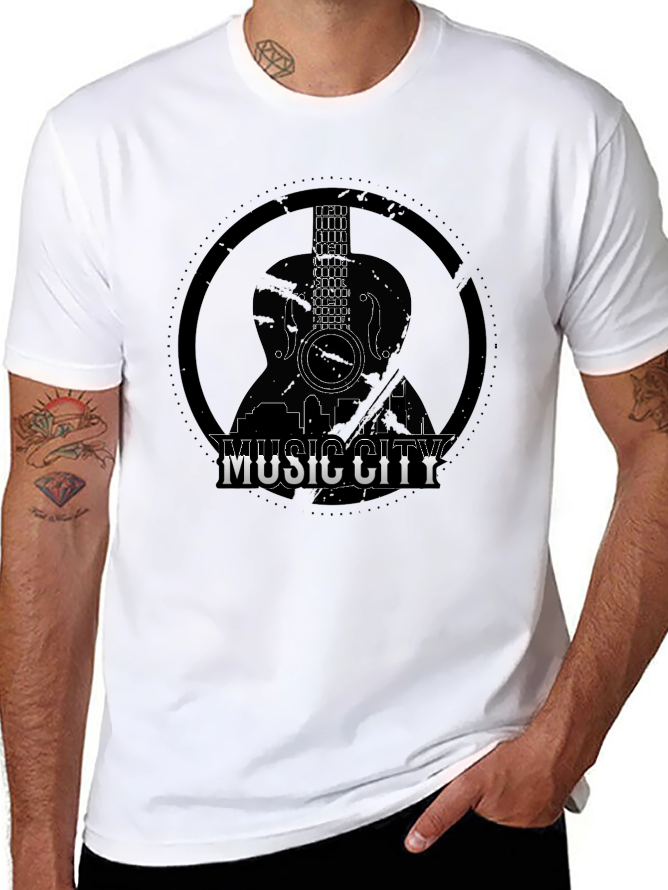Camiseta Negra Music City con Diseño de Guitarra