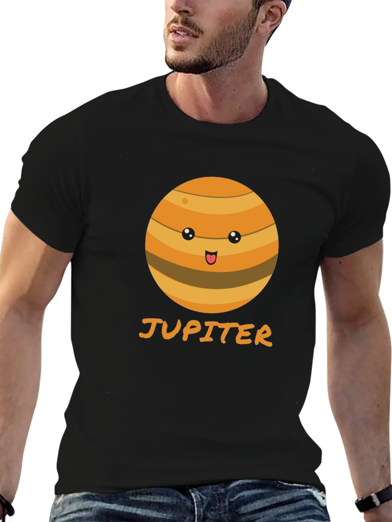 Camiseta Negra con Diseño de Júpiter Kawaii