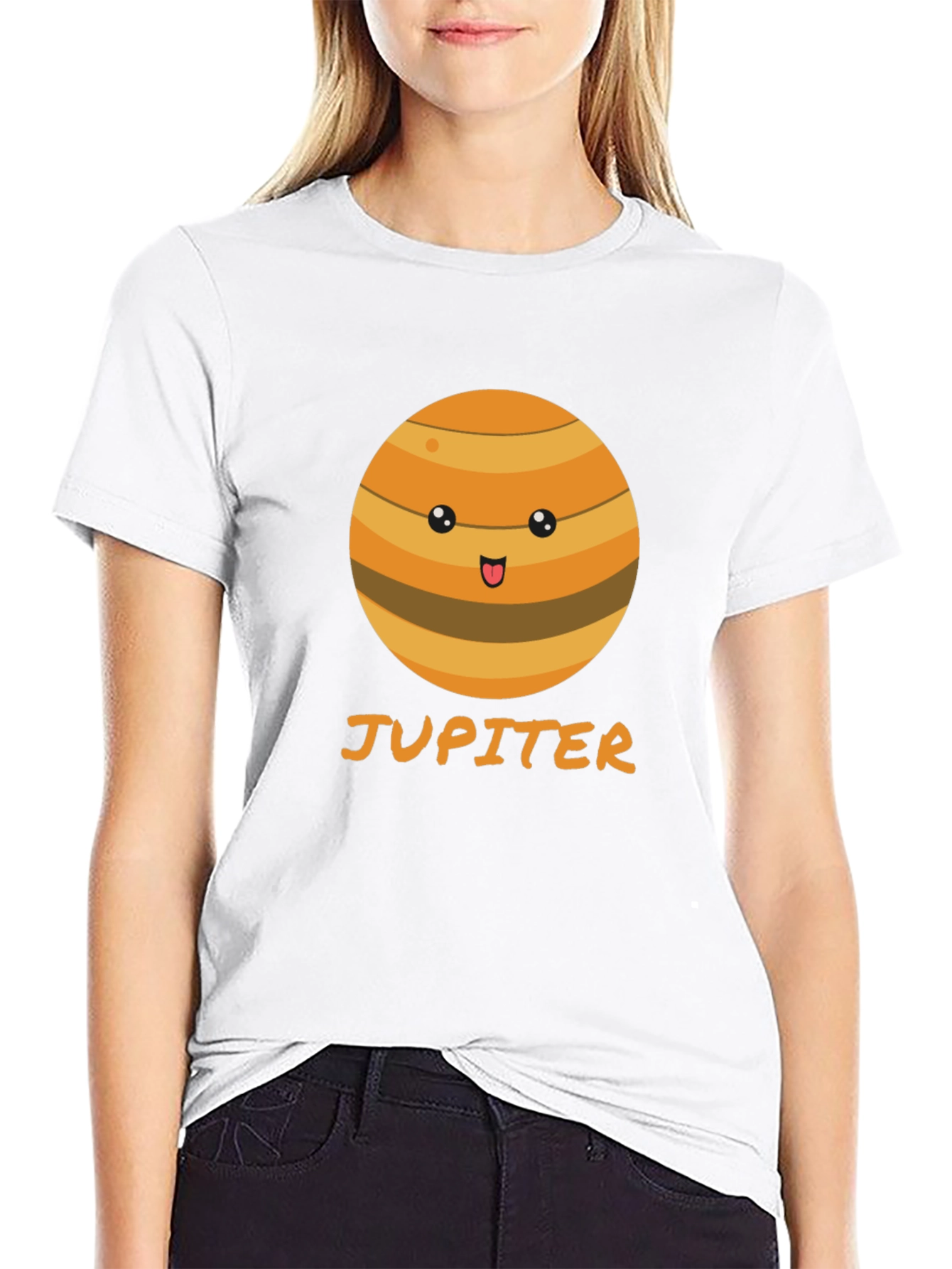 Camiseta Negra con Diseño de Júpiter Kawaii