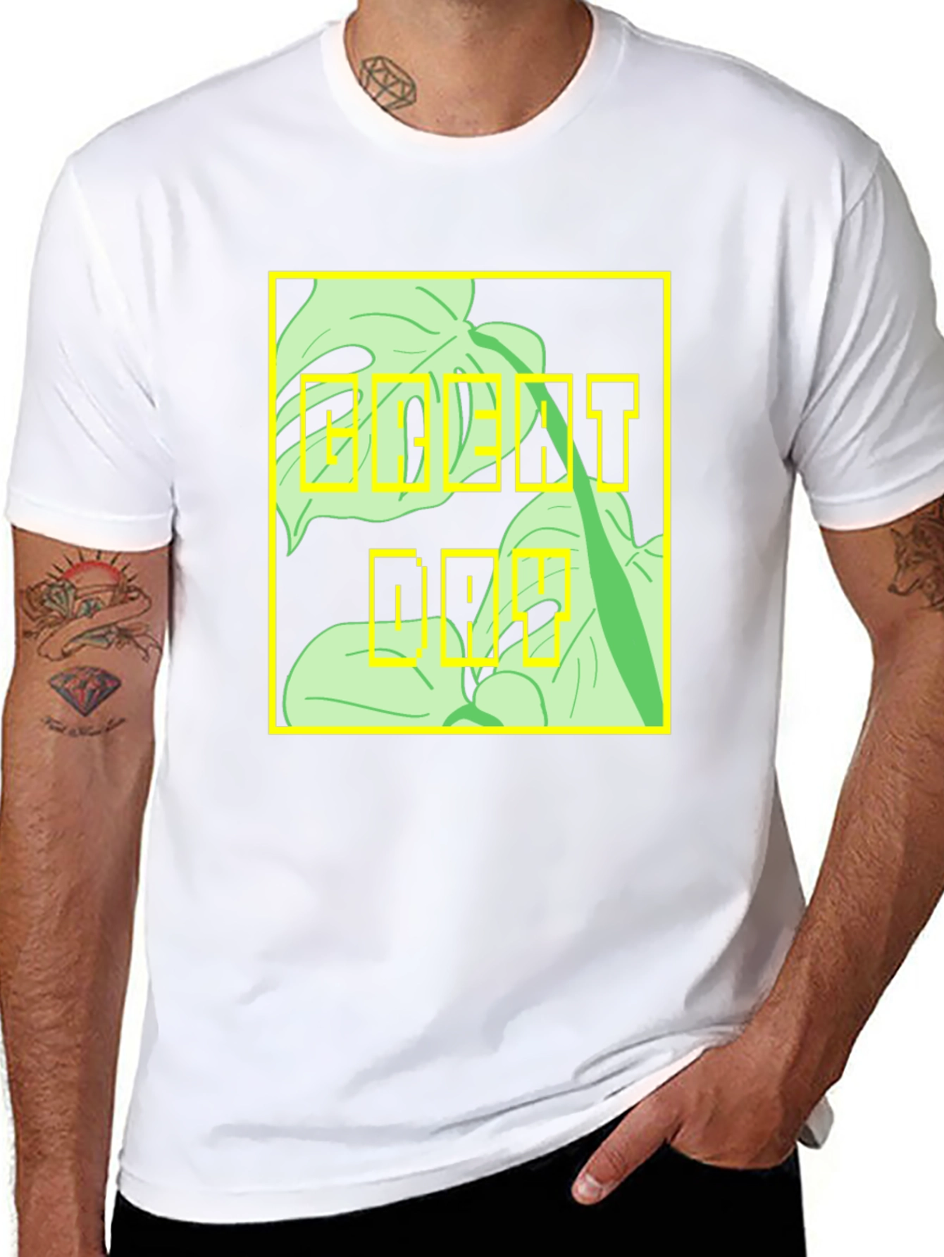 Camiseta Negra con Diseño Tropical Moderno