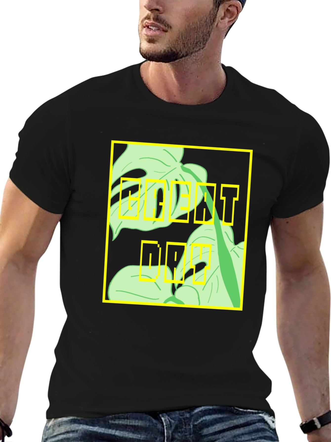Camiseta Negra con Diseño Tropical Moderno