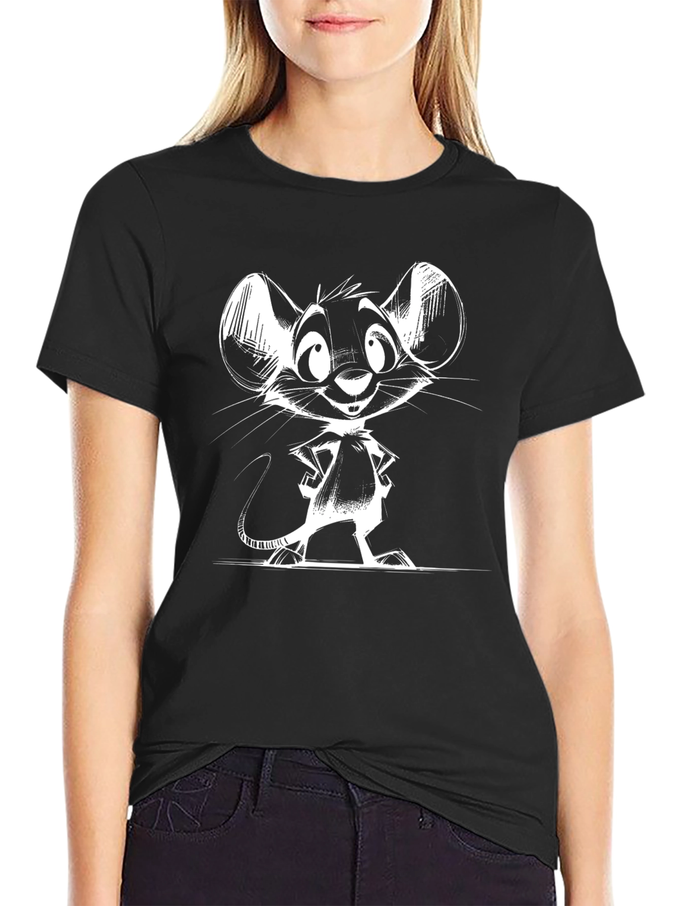 Camiseta Negra con Dibujo de Ratón Blanco