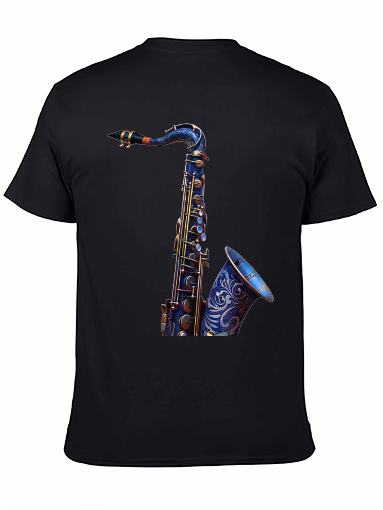 Camiseta Negra con Diseño de Saxofón Azul