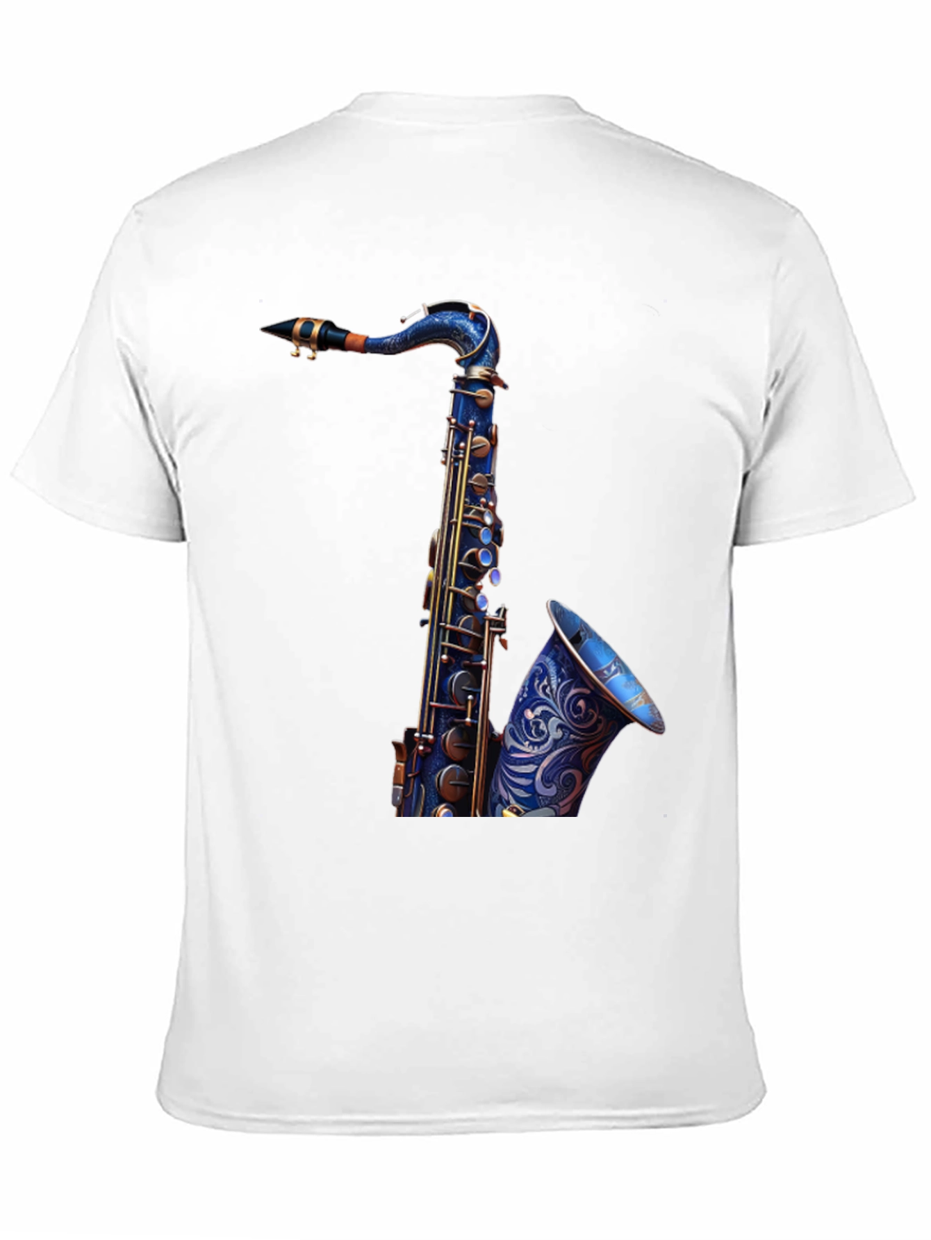 Camiseta Negra con Diseño de Saxofón Azul