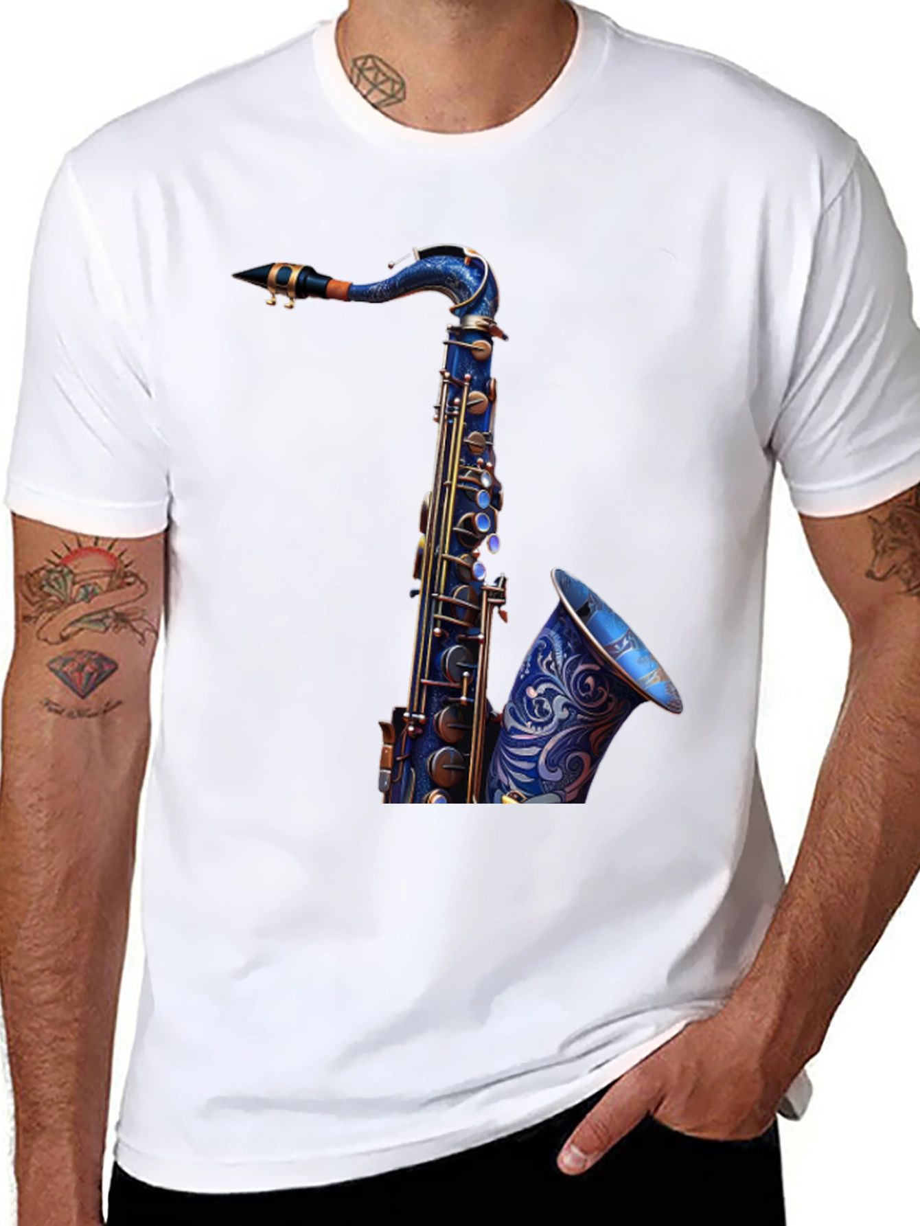 Camiseta Negra con Diseño de Saxofón Azul