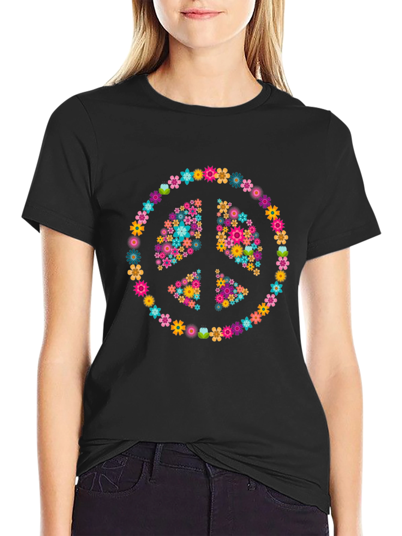 Camiseta Negra con Símbolo de la Paz Floral