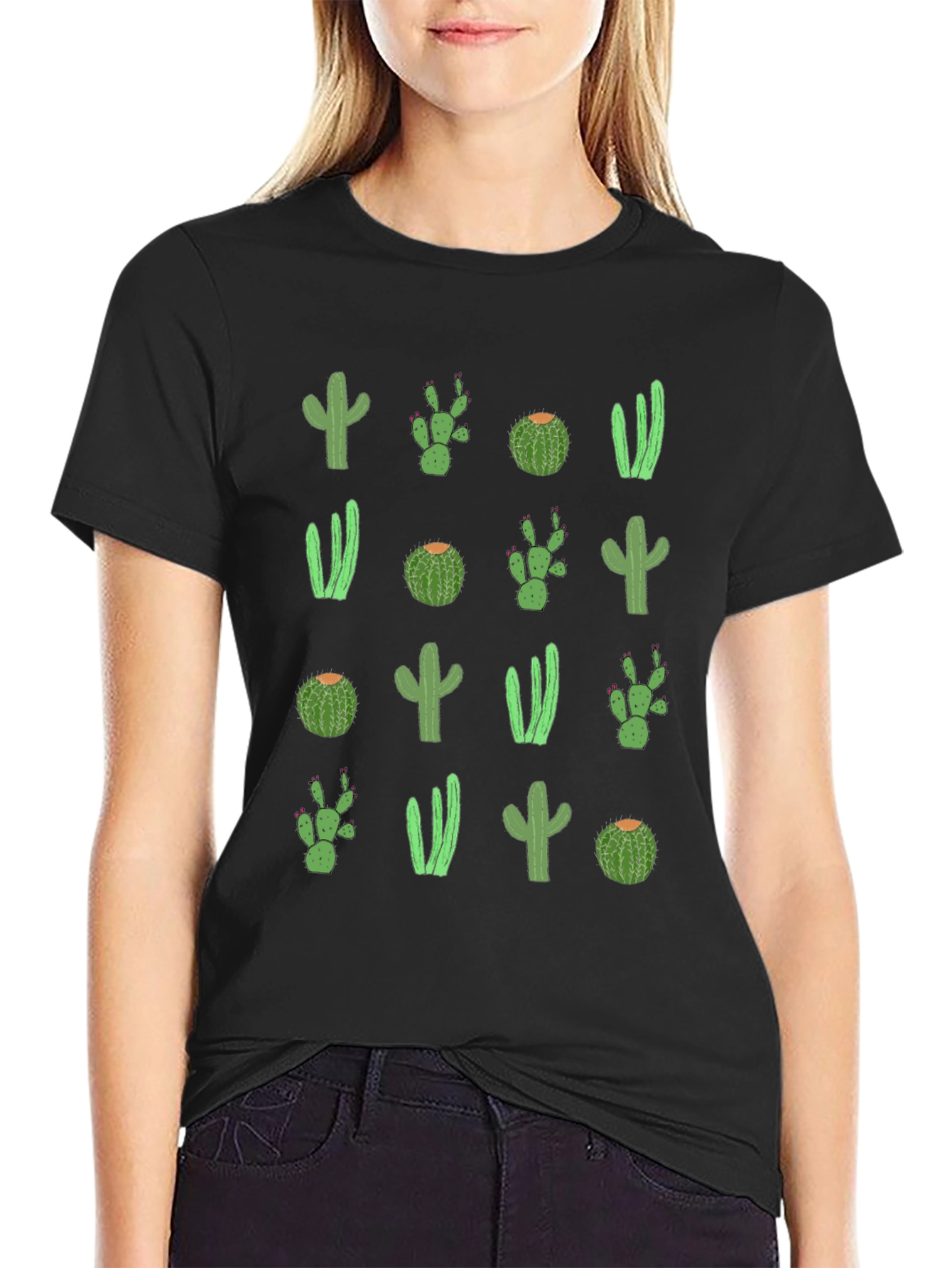 Camiseta Negra con Diseño de Cactus Divertido