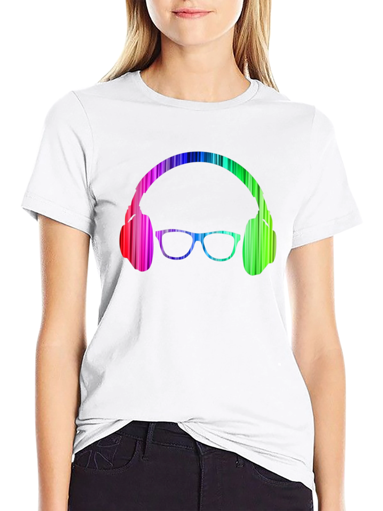 Camiseta Negra con Diseño de Auriculares y Gafas