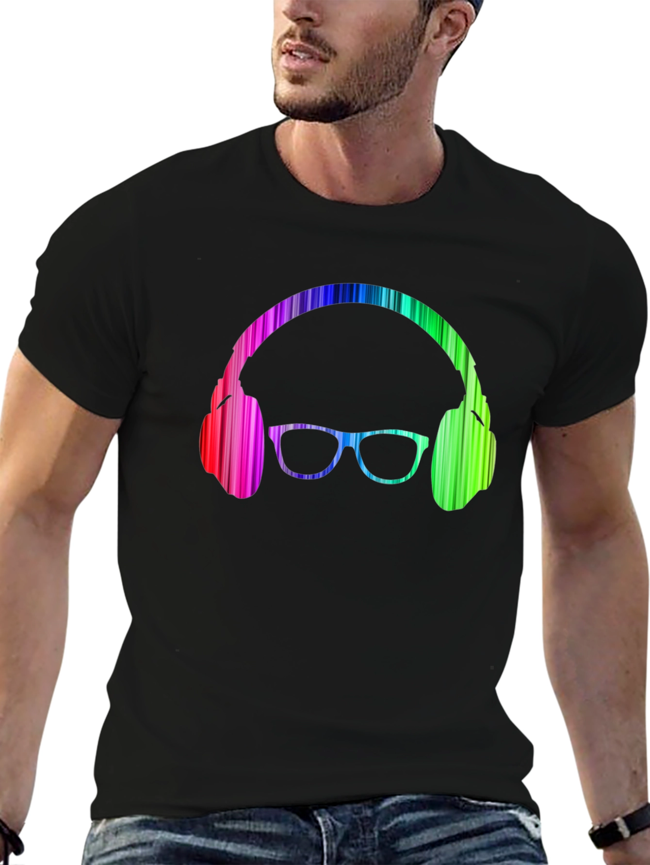 Camiseta Negra con Diseño de Auriculares y Gafas