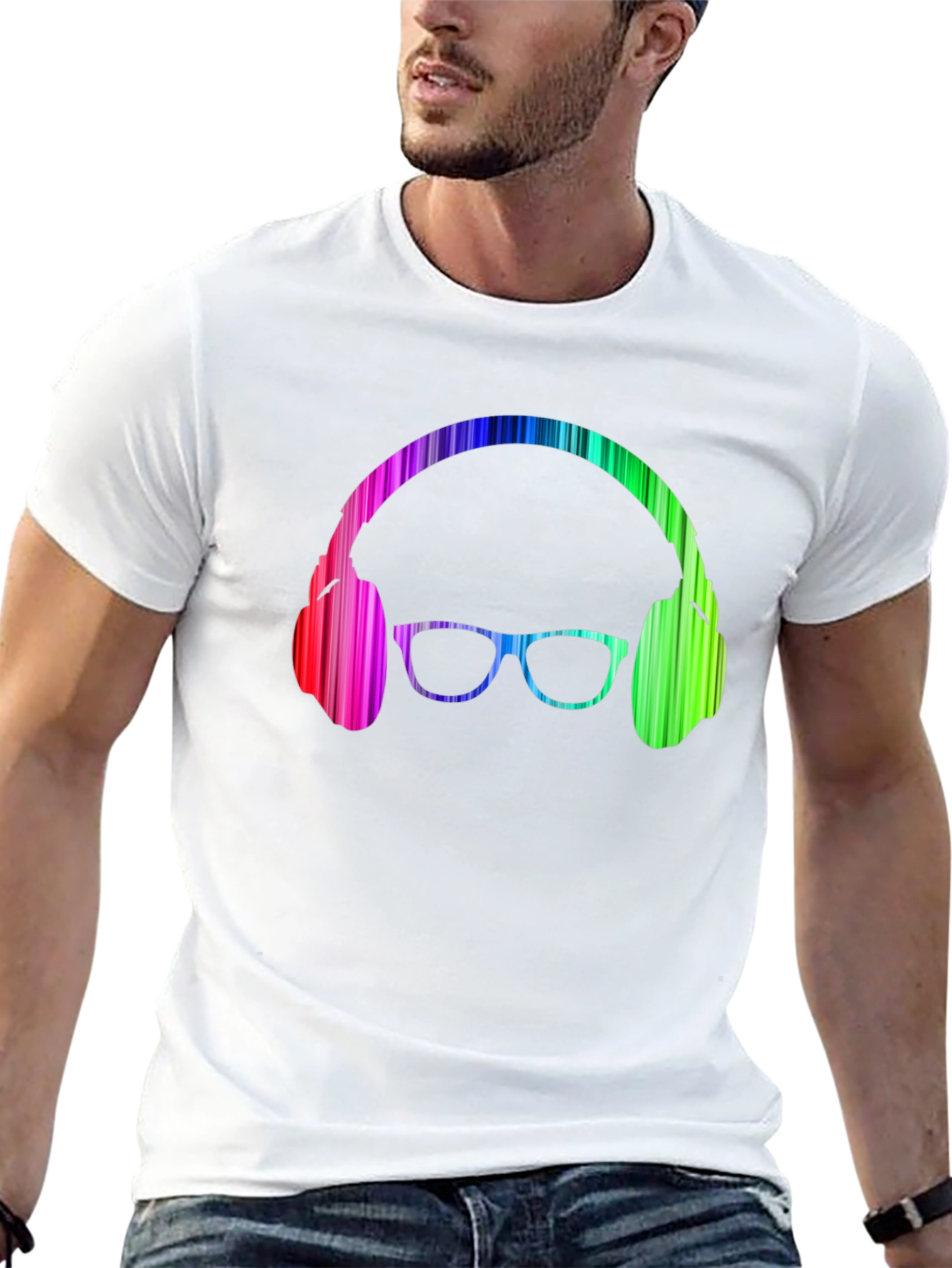 Camiseta Negra con Diseño de Auriculares y Gafas