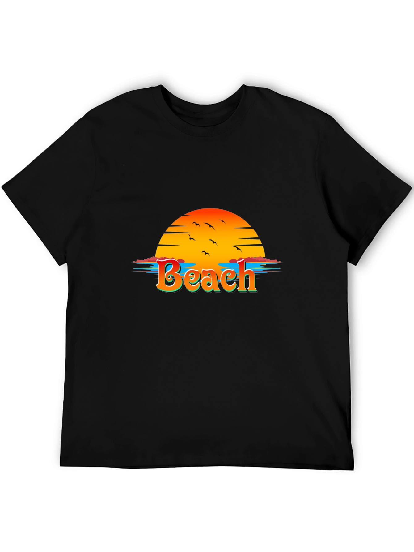 Camiseta Negra con Diseño de Playa al Atardecer