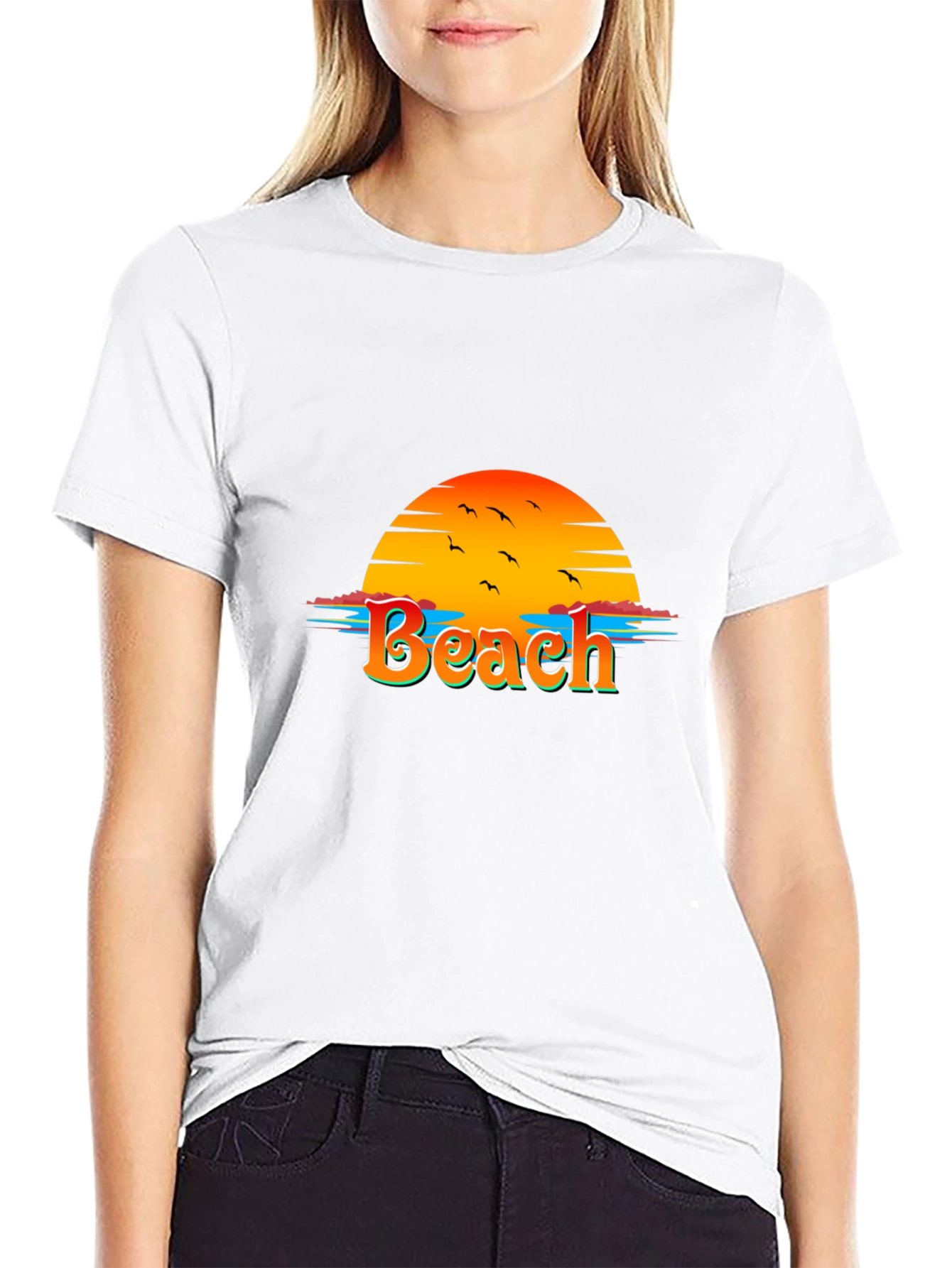 Camiseta Negra con Diseño de Playa al Atardecer