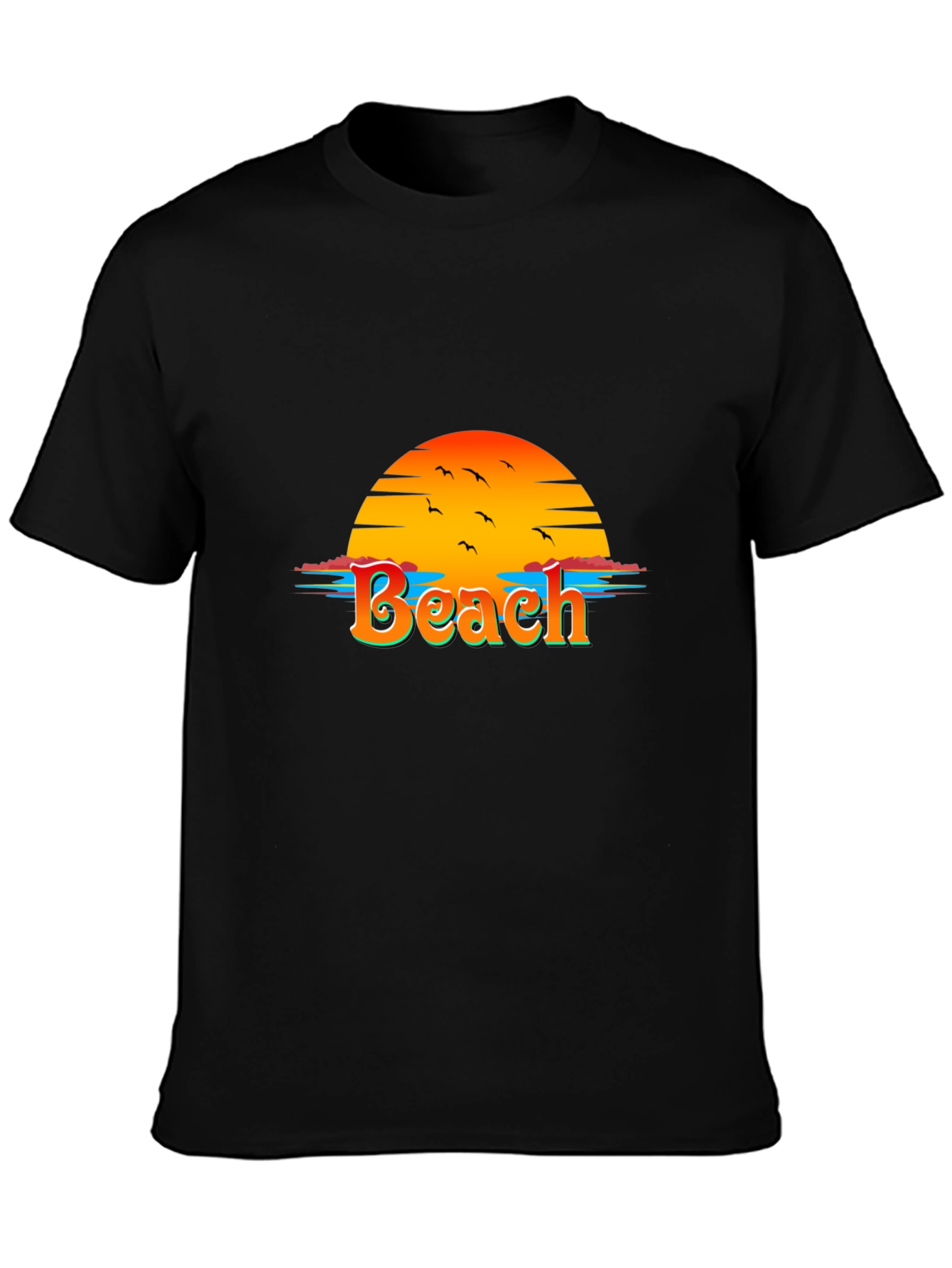 Camiseta Negra con Diseño de Playa al Atardecer