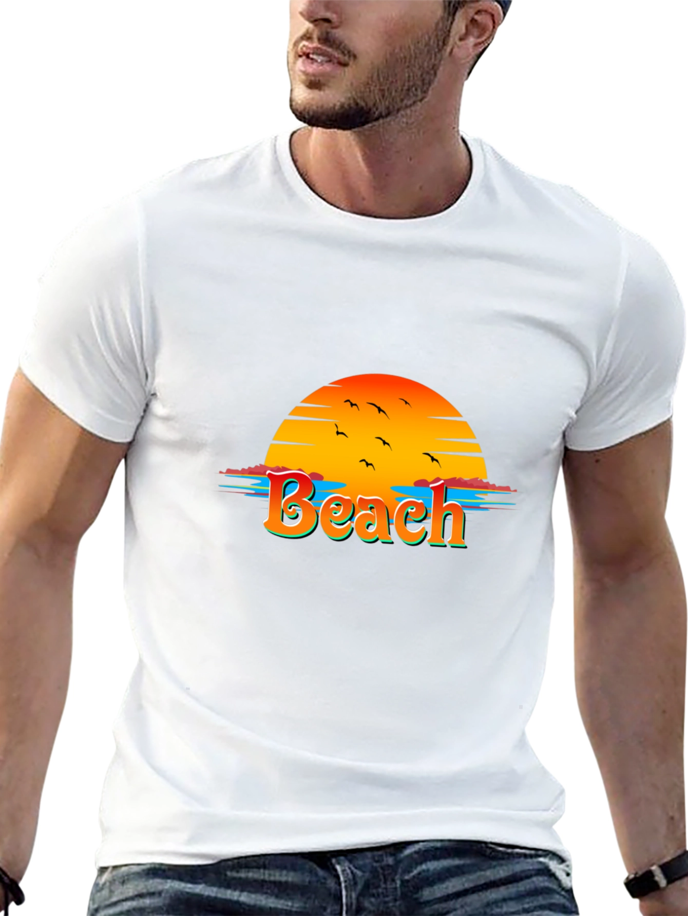 Camiseta Negra con Diseño de Playa al Atardecer