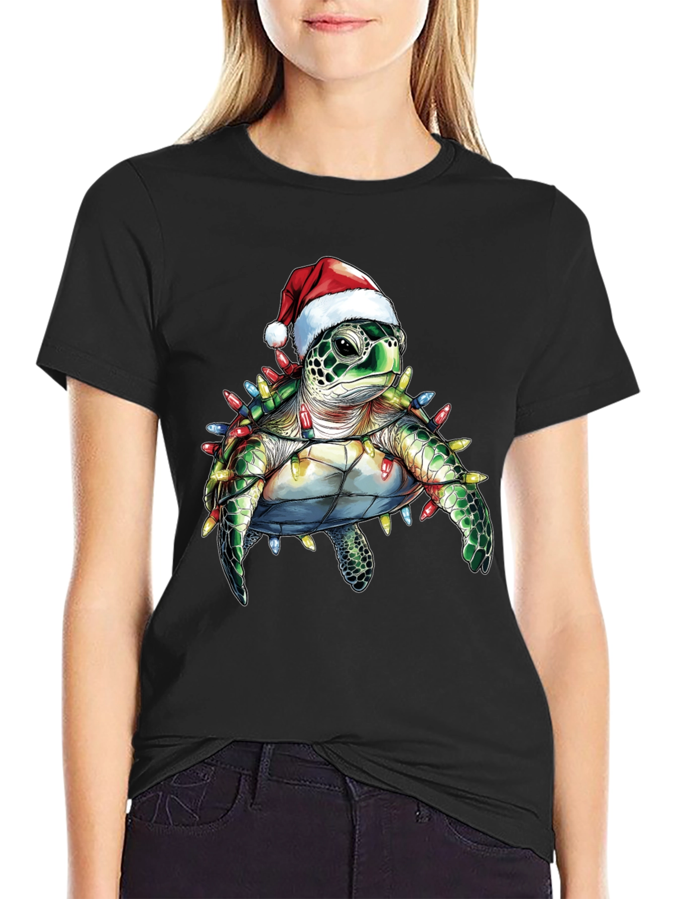 Camiseta Negra con Tortuga Navideña
