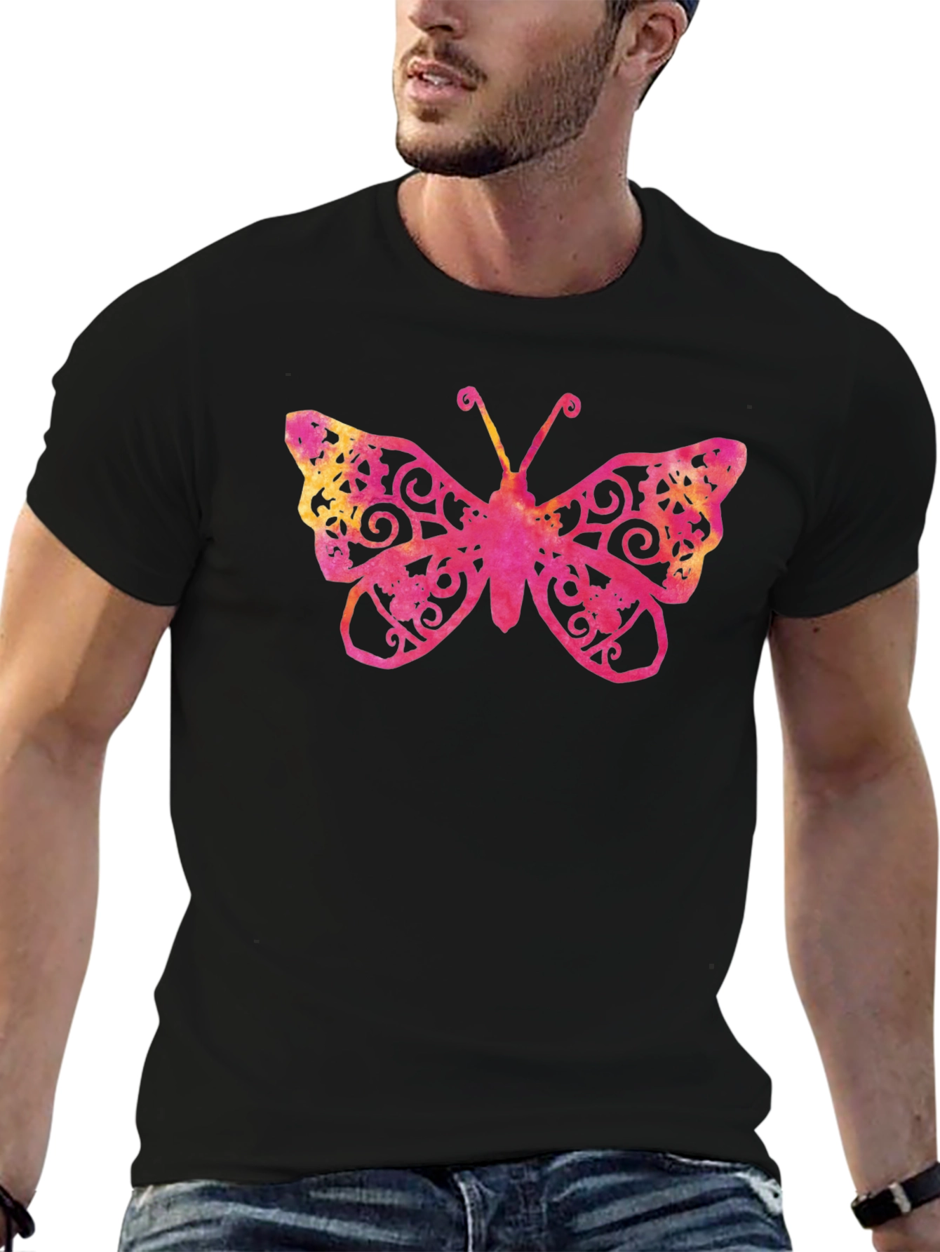 Camiseta Negra con Estampado de Mariposa Ornamental
