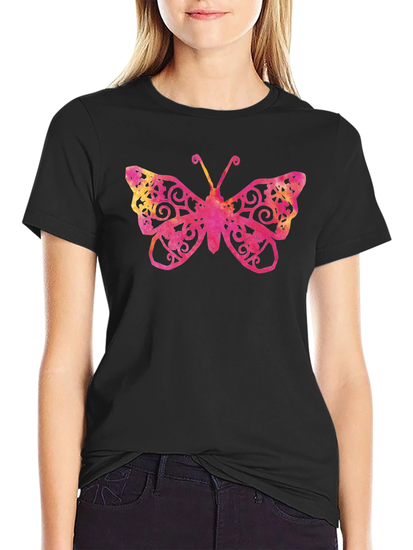 Camiseta Negra con Estampado de Mariposa Ornamental