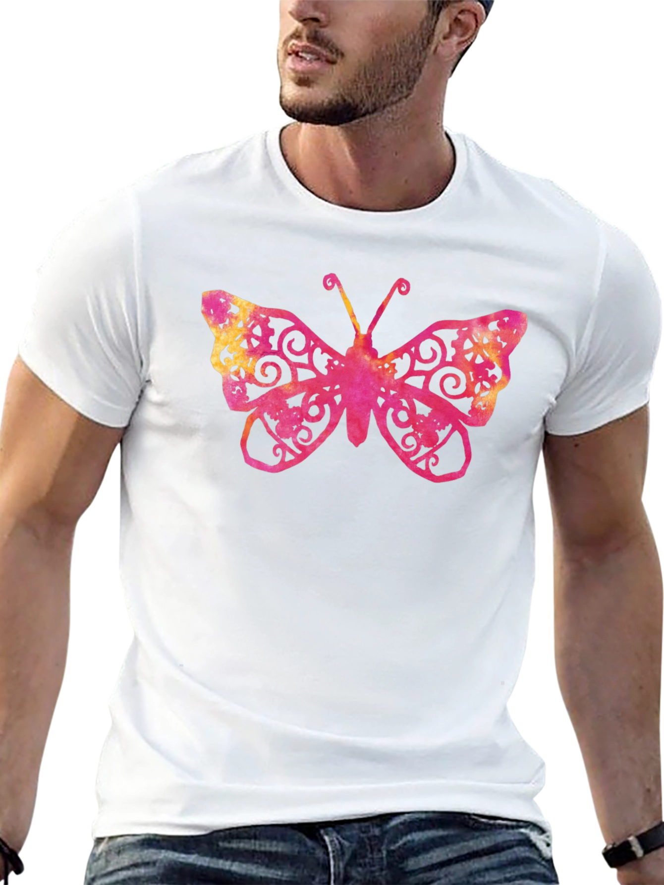 Camiseta Negra con Estampado de Mariposa Ornamental
