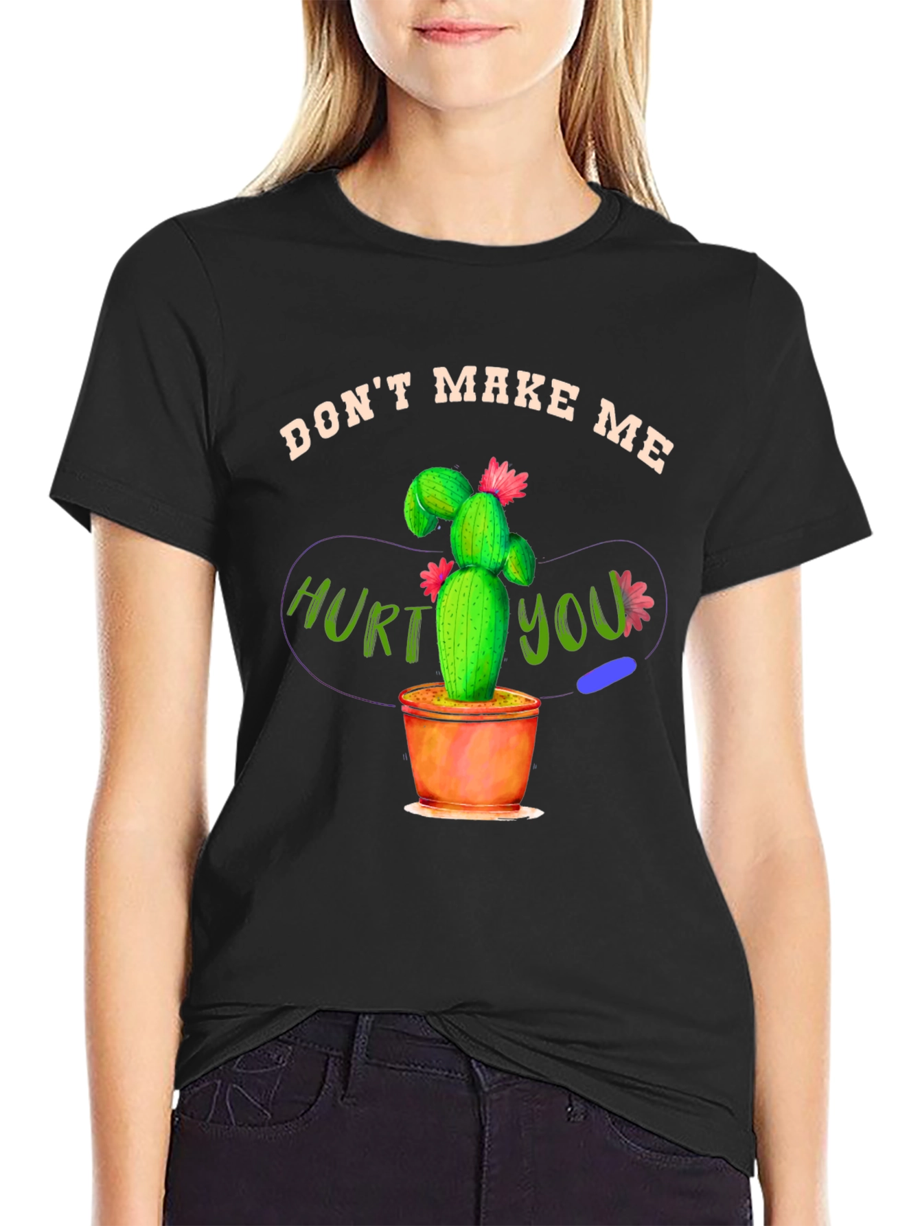 Camiseta Negra con Diseño de Cactus Amenazante