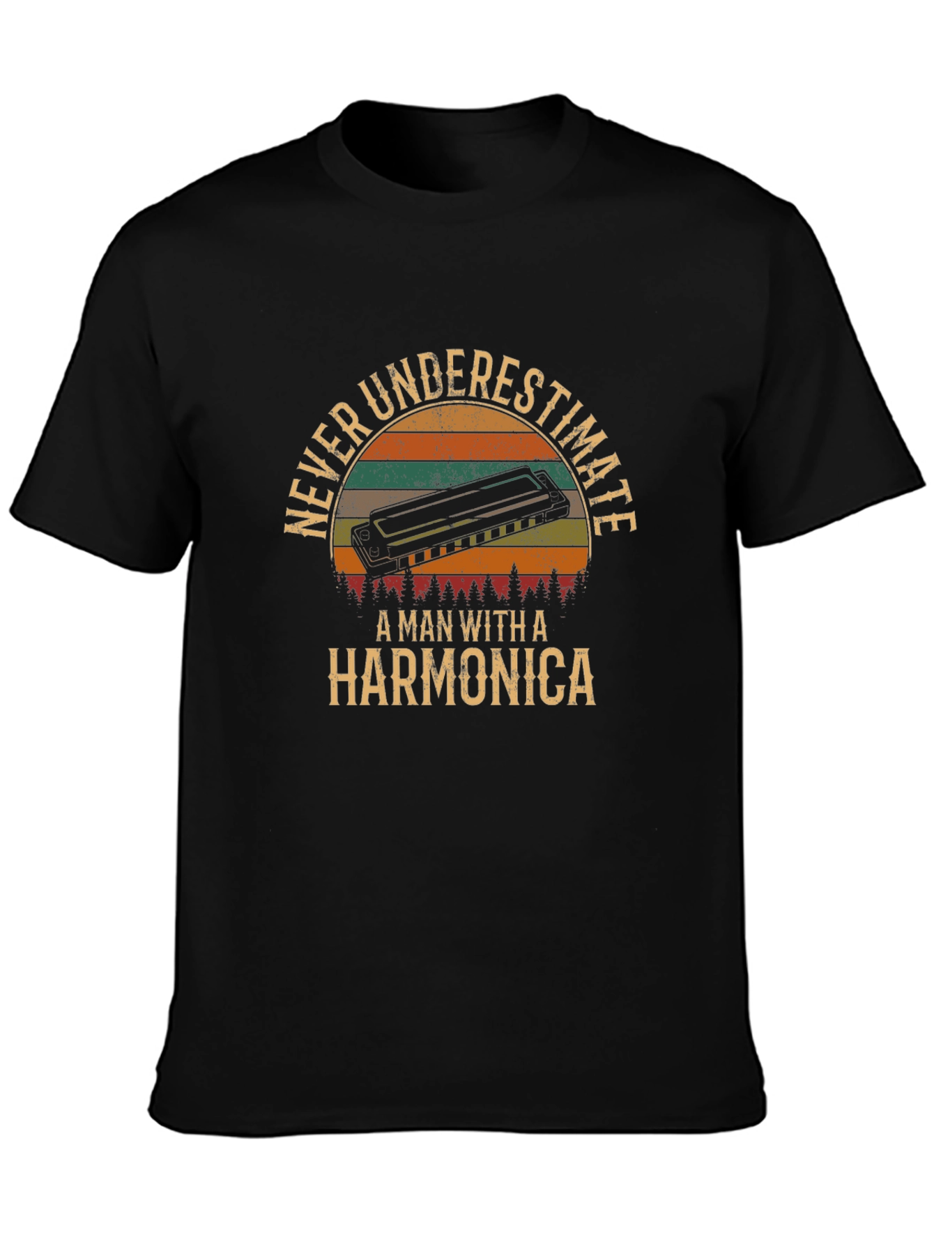 Camiseta Negra Never Underestimate A Man With A Harmonica