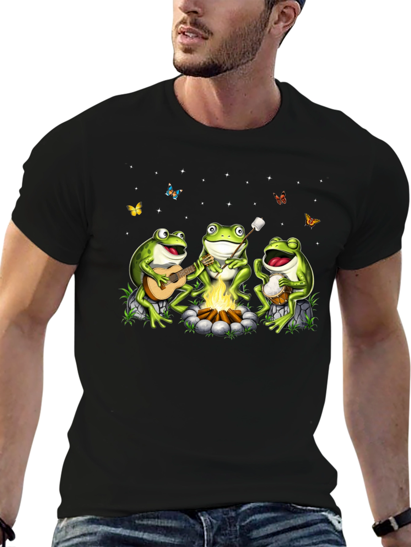 Camiseta Negra con Diseño de Ranas Músicas