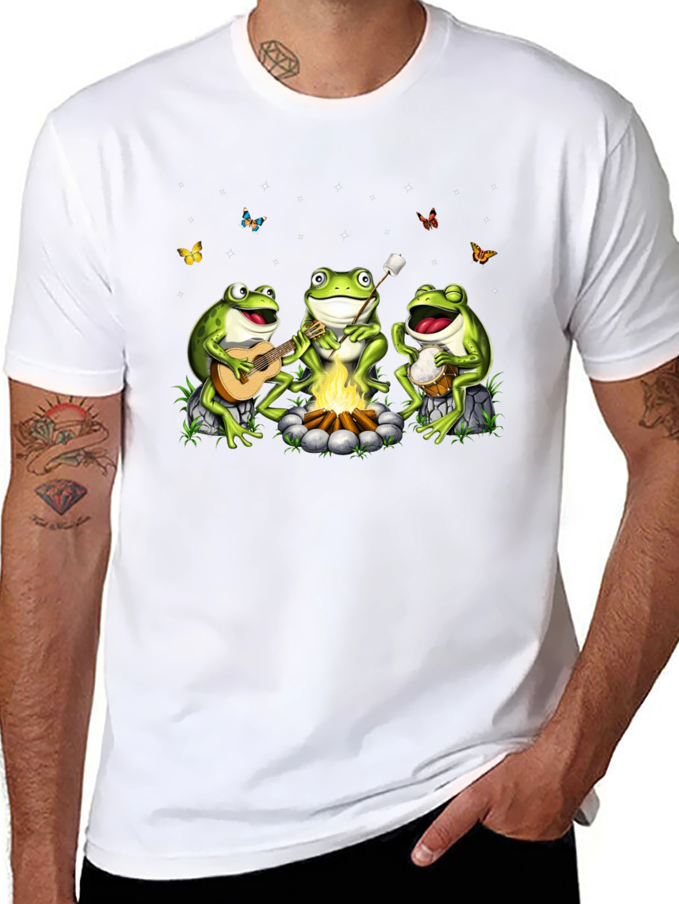 Camiseta Negra con Diseño de Ranas Músicas