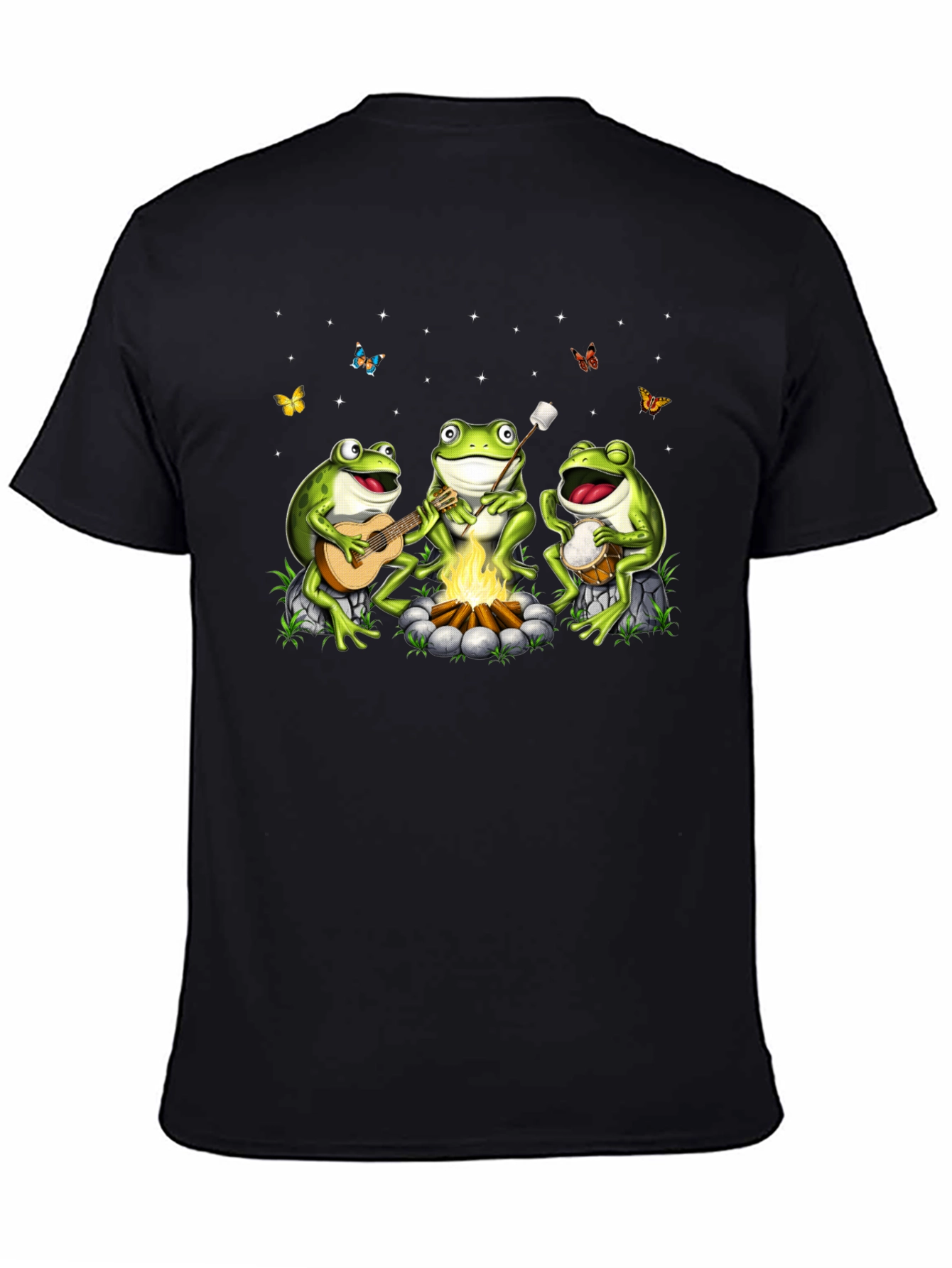 Camiseta Negra con Diseño de Ranas Músicas