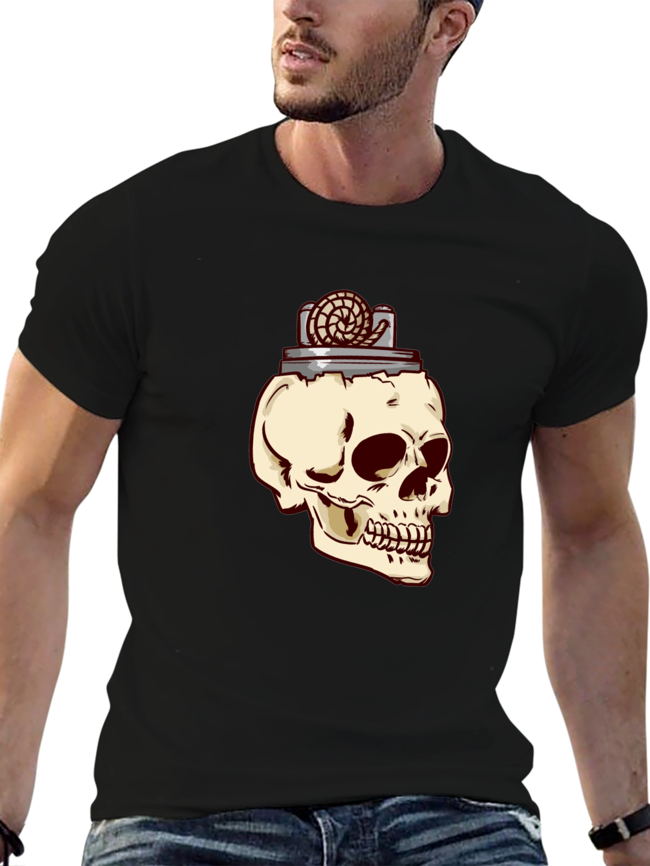 Camiseta Negra con Diseño de Cráneo y Encendedor
