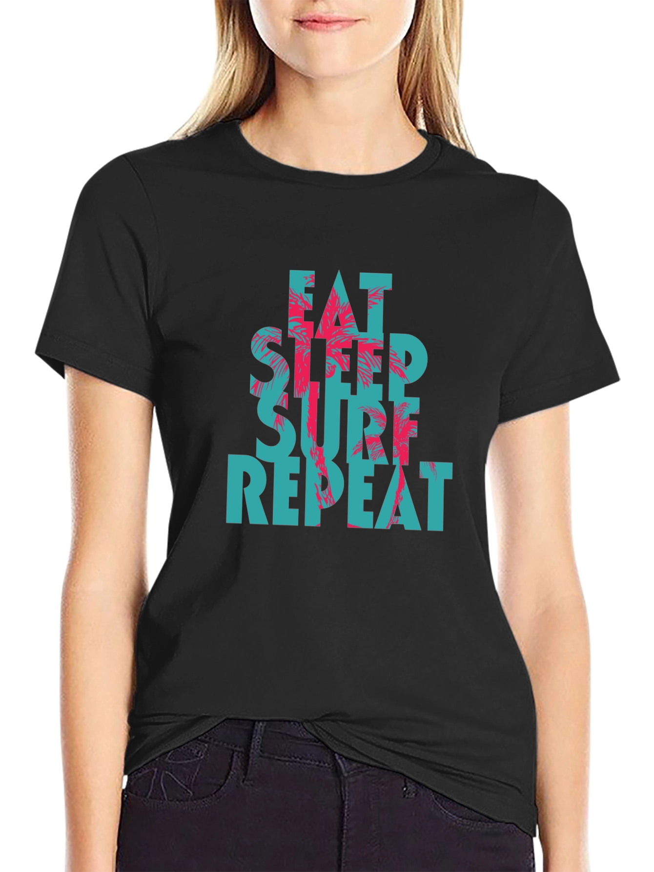 Camiseta Negra con Diseño Eat Sleep Surf Repeat