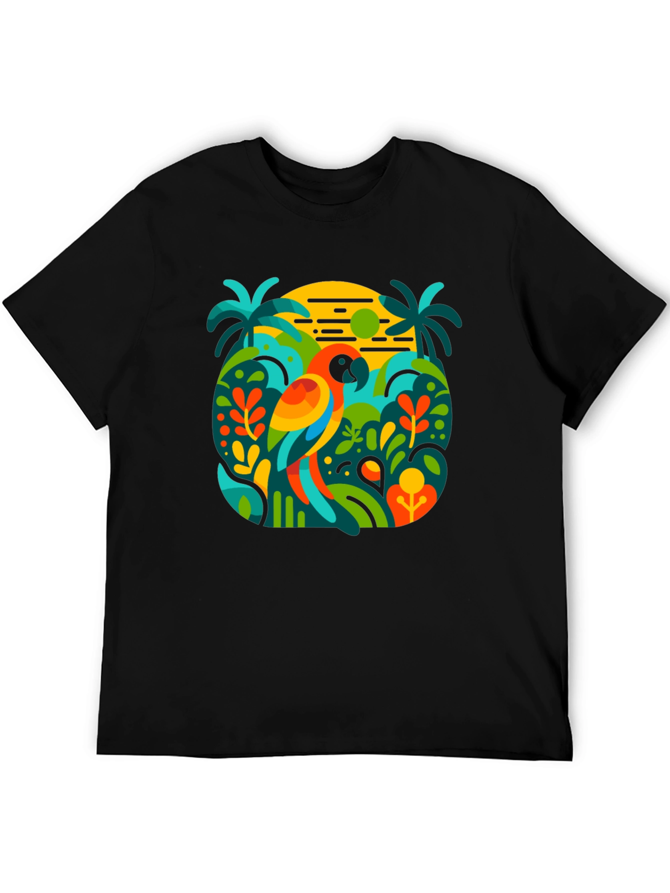 Camiseta Negra con Diseño Tropical de Loro