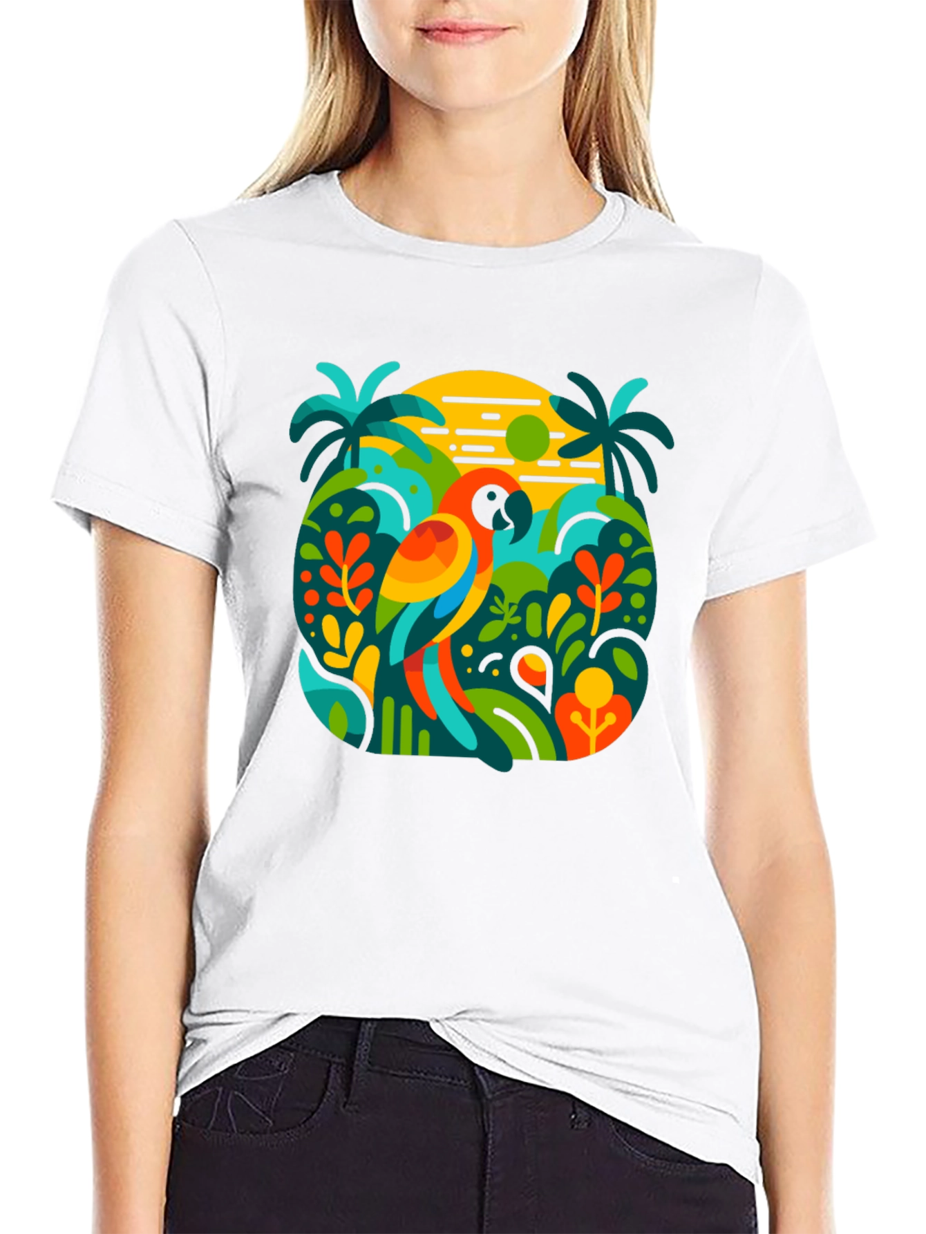 Camiseta Negra con Diseño Tropical de Loro