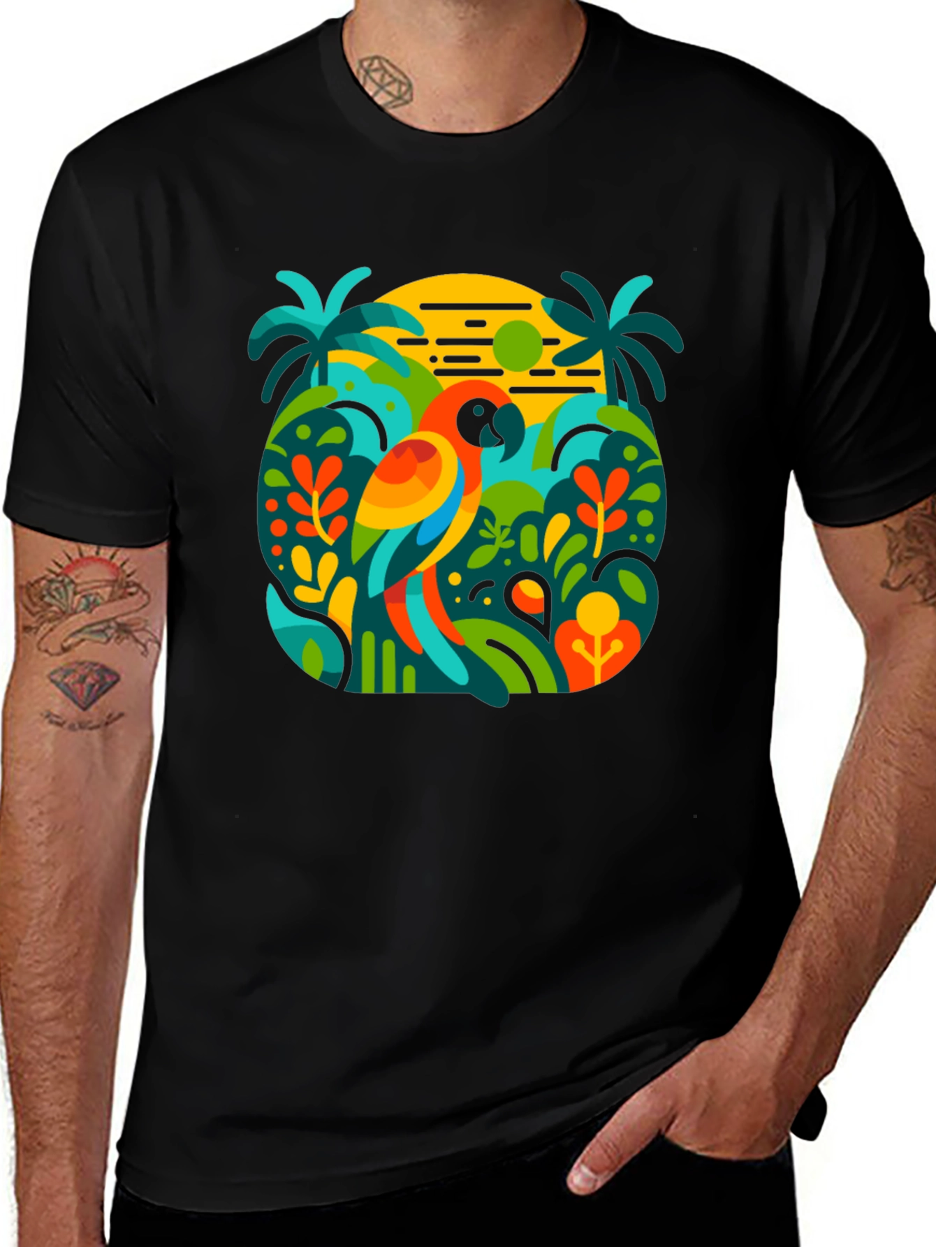 Camiseta Negra con Diseño Tropical de Loro