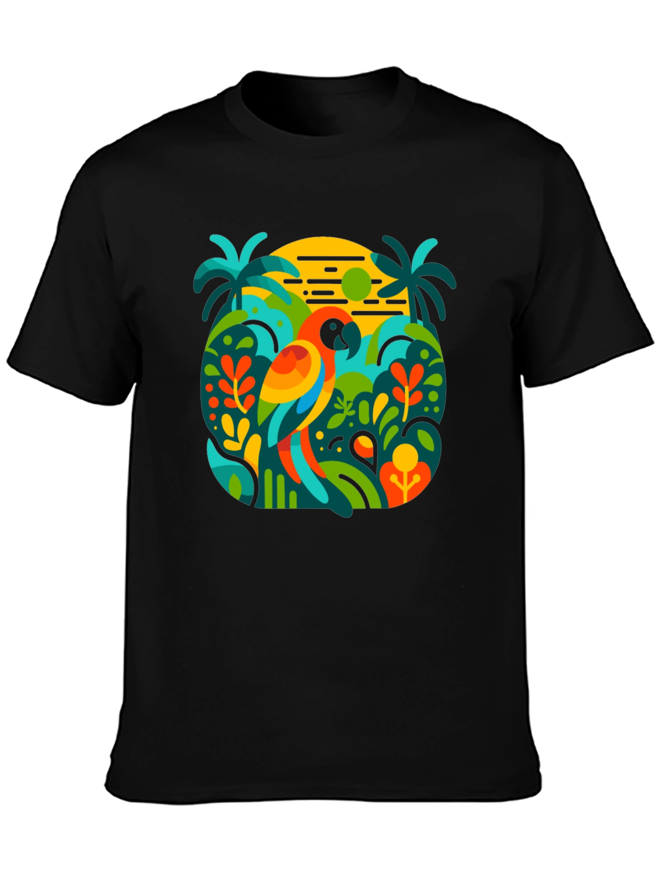 Camiseta Negra con Diseño Tropical de Loro