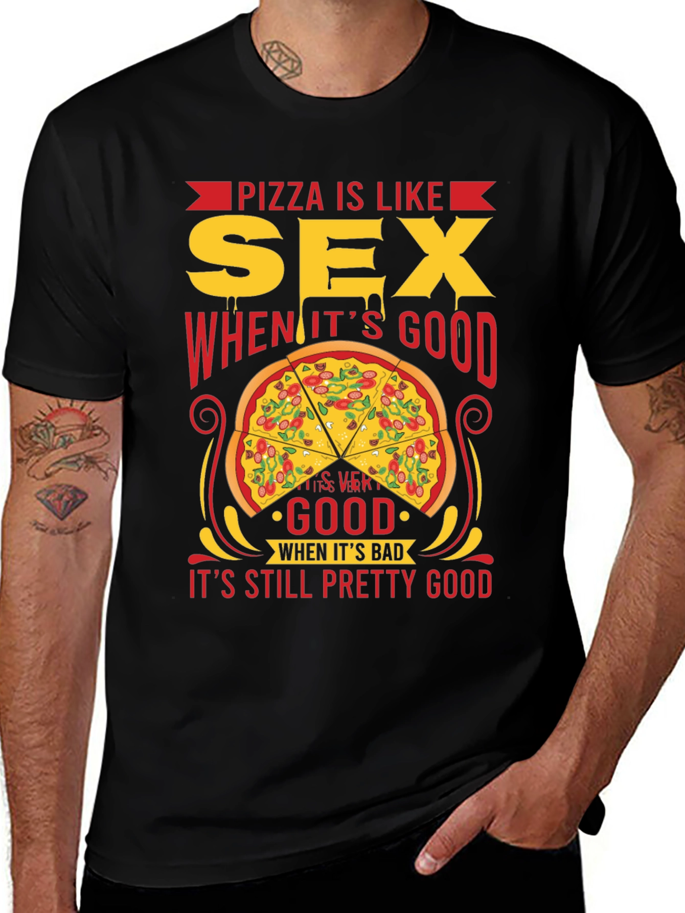 Camiseta Negra: Pizza es Como Sexo - ¡Siempre Buena!