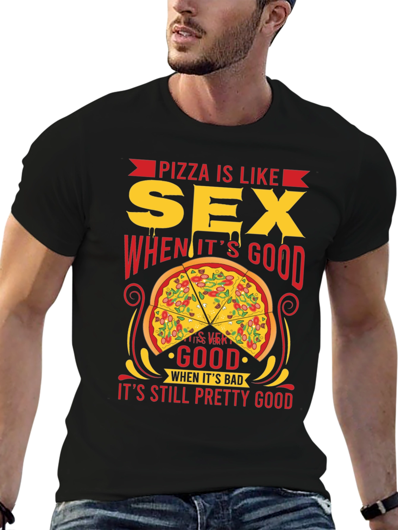 Camiseta Negra: Pizza es Como Sexo - ¡Siempre Buena!
