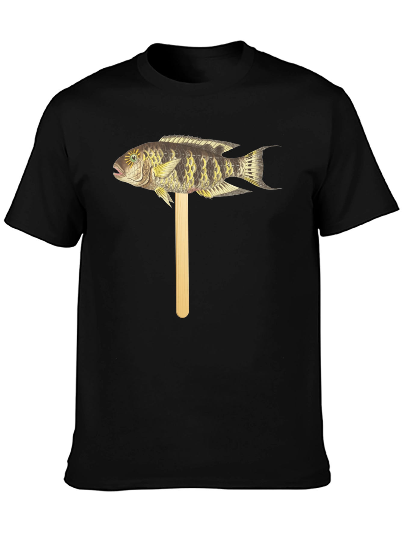 Camiseta Negra con Diseño de Pez Tropical en Palo