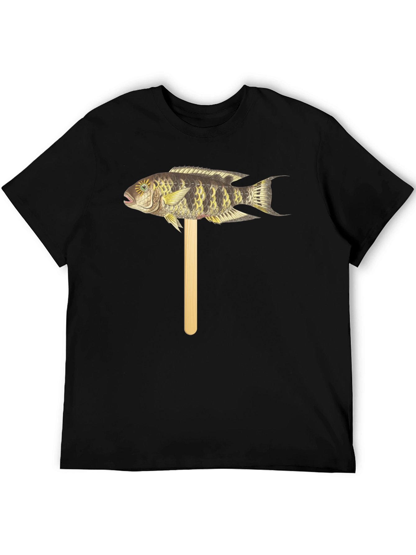 Camiseta Negra con Diseño de Pez Tropical en Palo