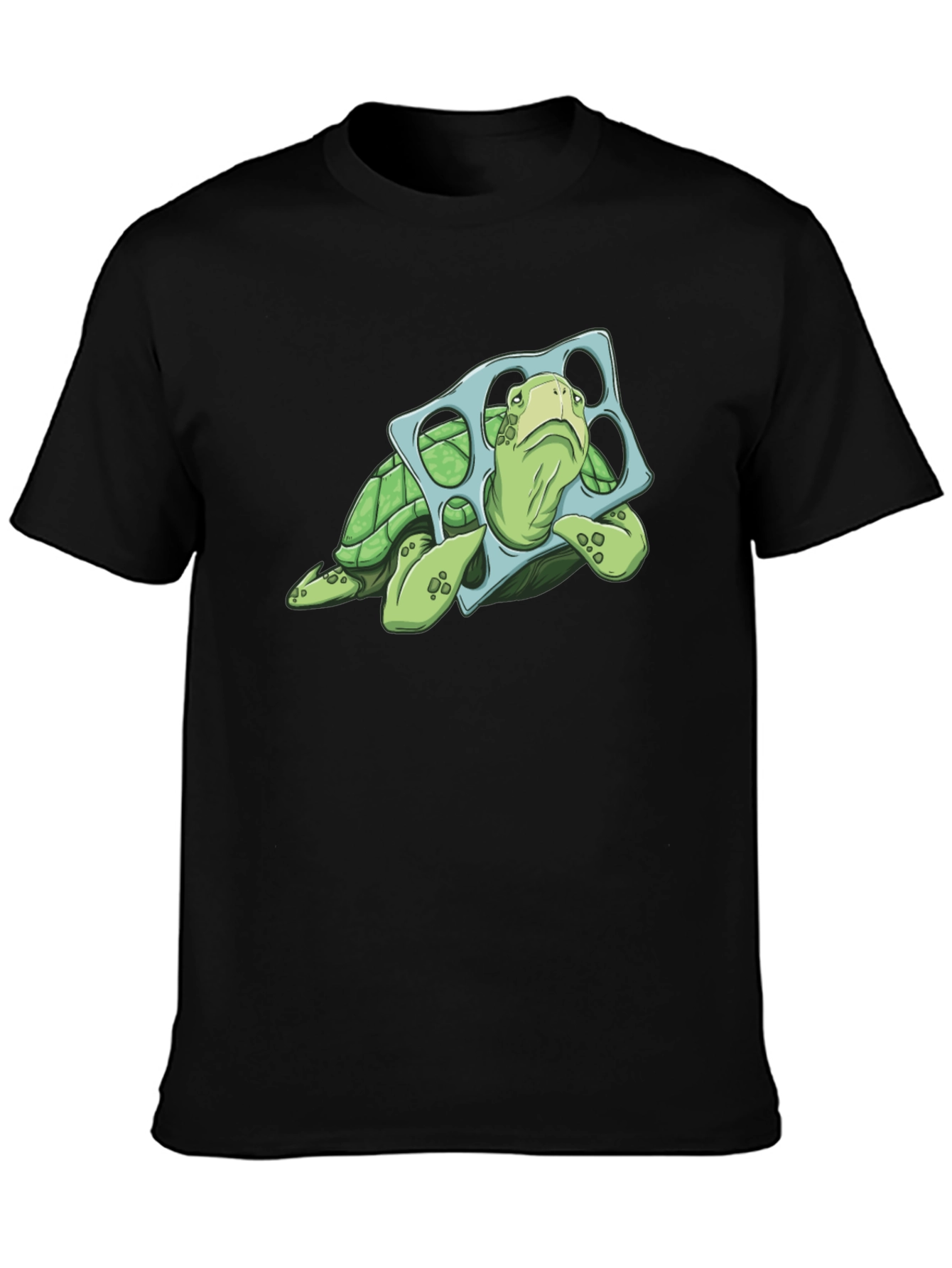 Camiseta Negra con Tortuga y Aro de Plástico