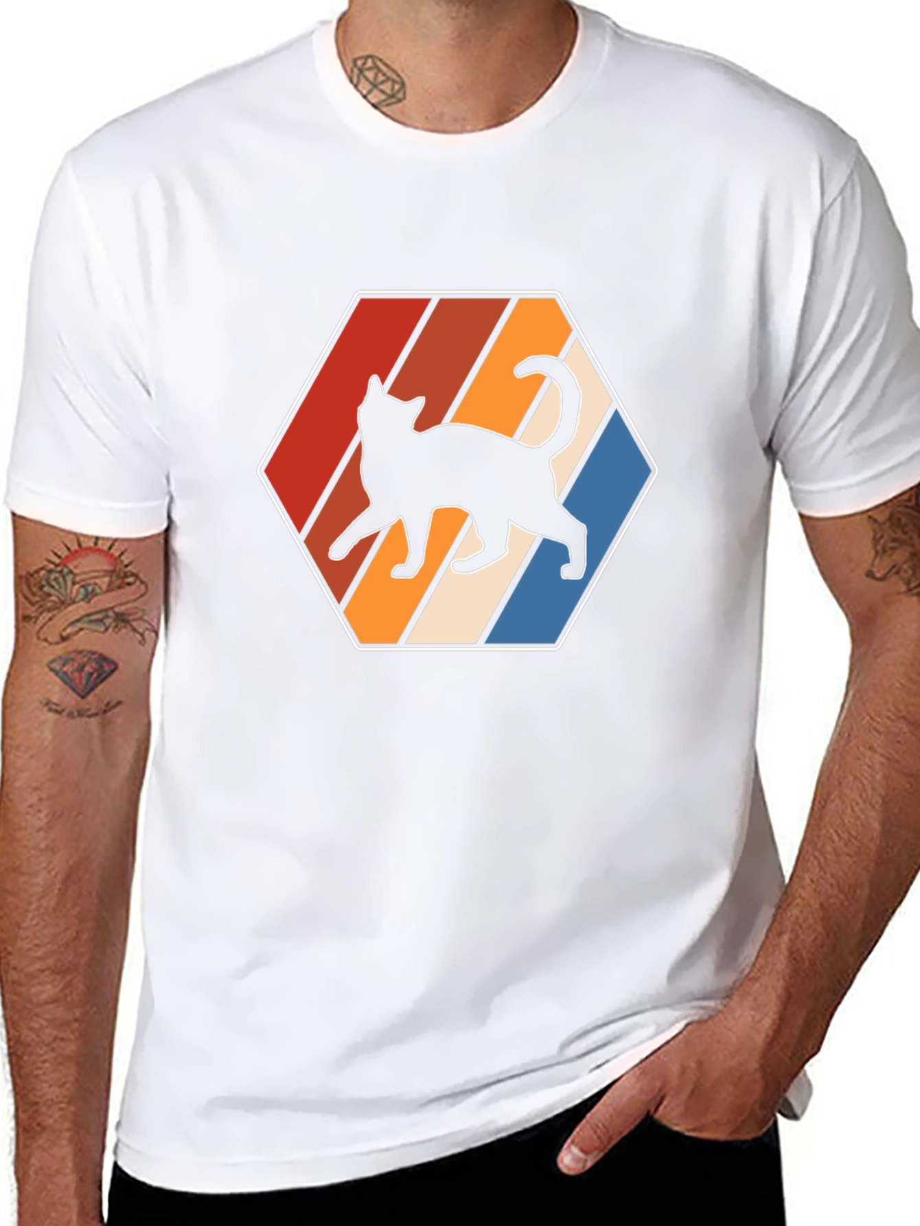 Camiseta Hombre Diseño Gato Retro Hexagonal