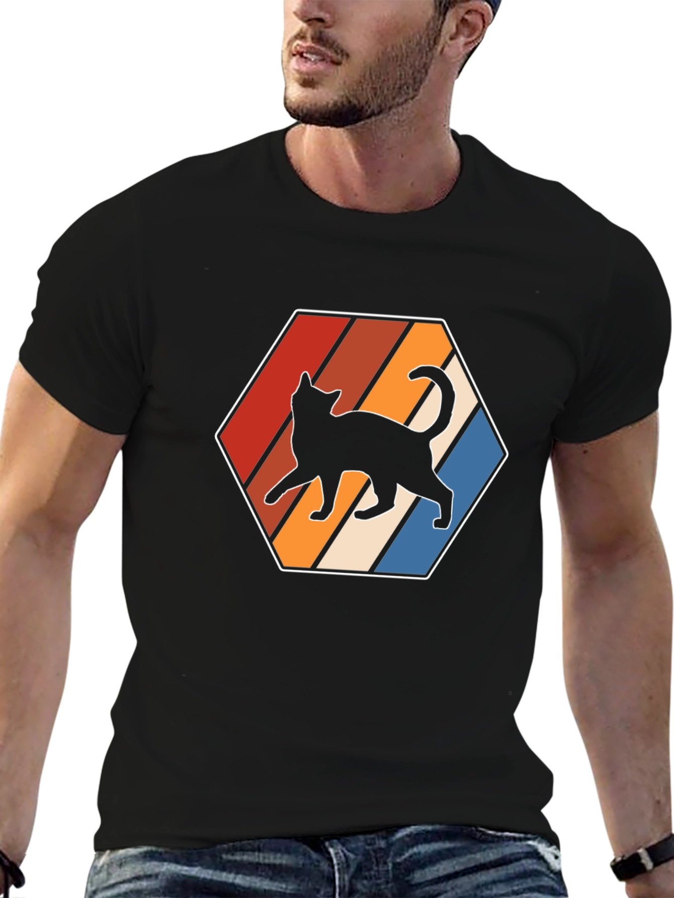 Camiseta Hombre Diseño Gato Retro Hexagonal