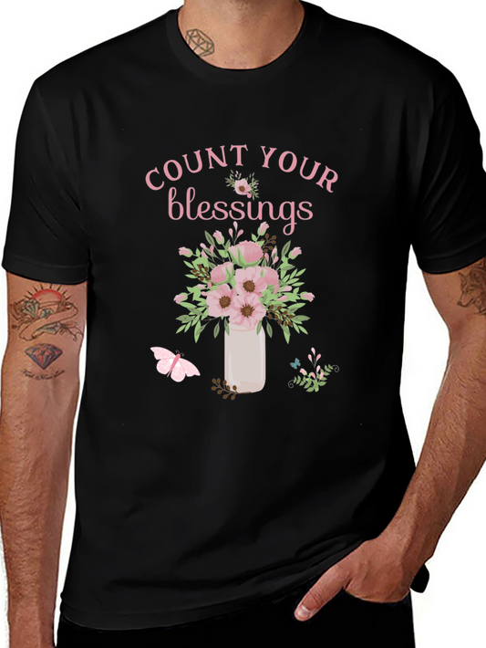 Camiseta Negra Count Your Blessings con Flores Rosadas